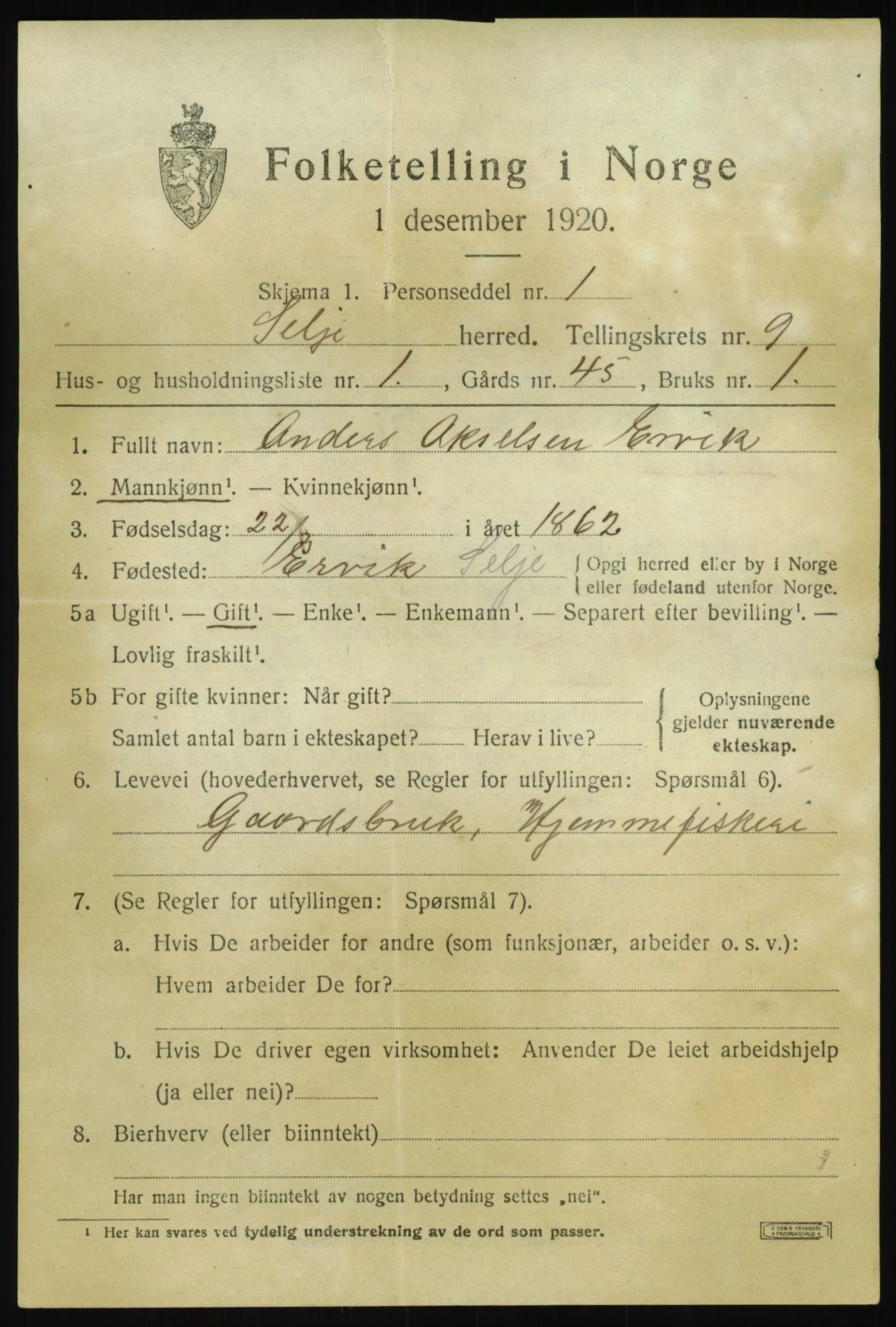 SAB, 1920 census for Selje, 1920, p. 4317