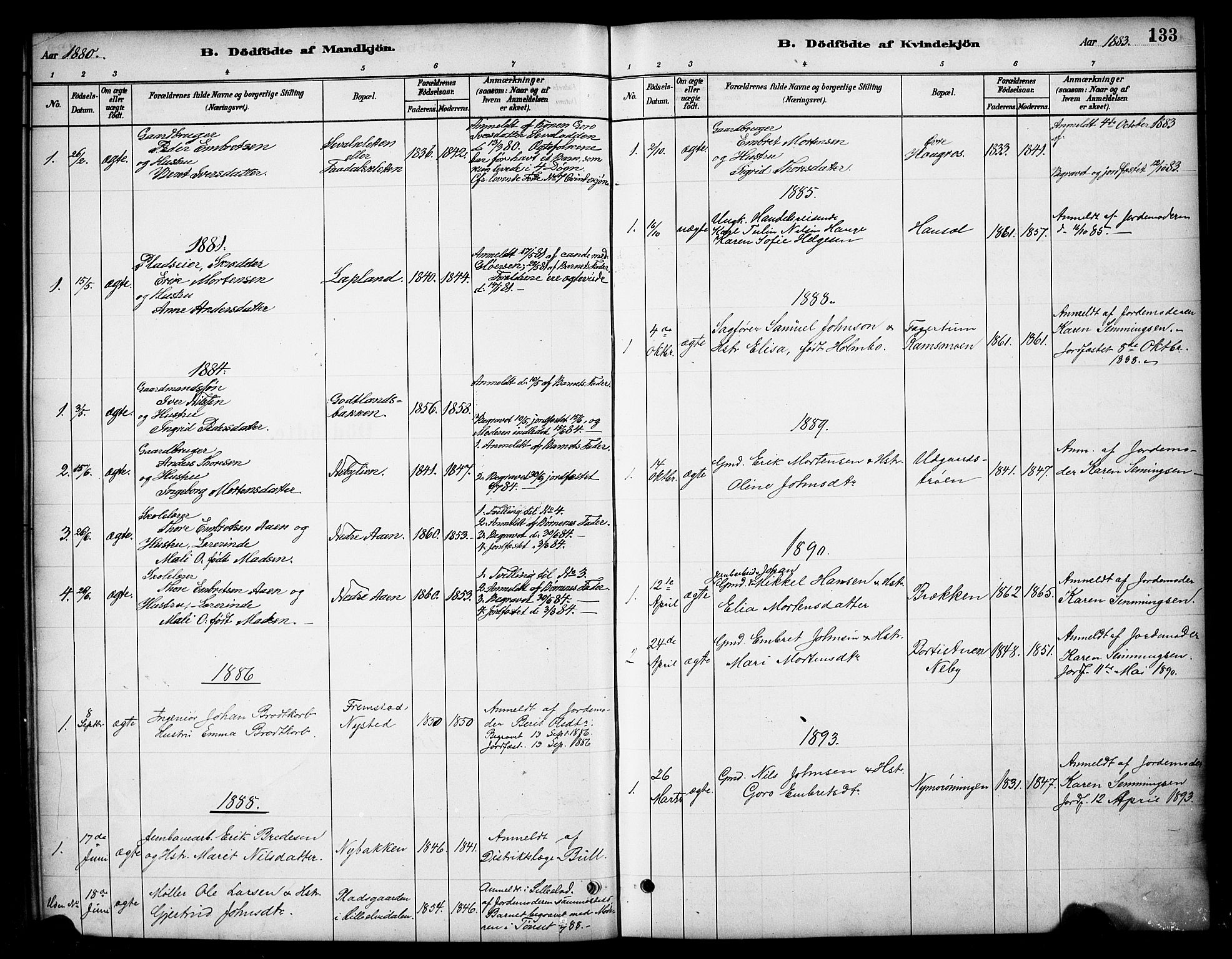 Tynset prestekontor, SAH/PREST-058/H/Ha/Hab/L0006: Parish register (copy) no. 6, 1880-1899, p. 133