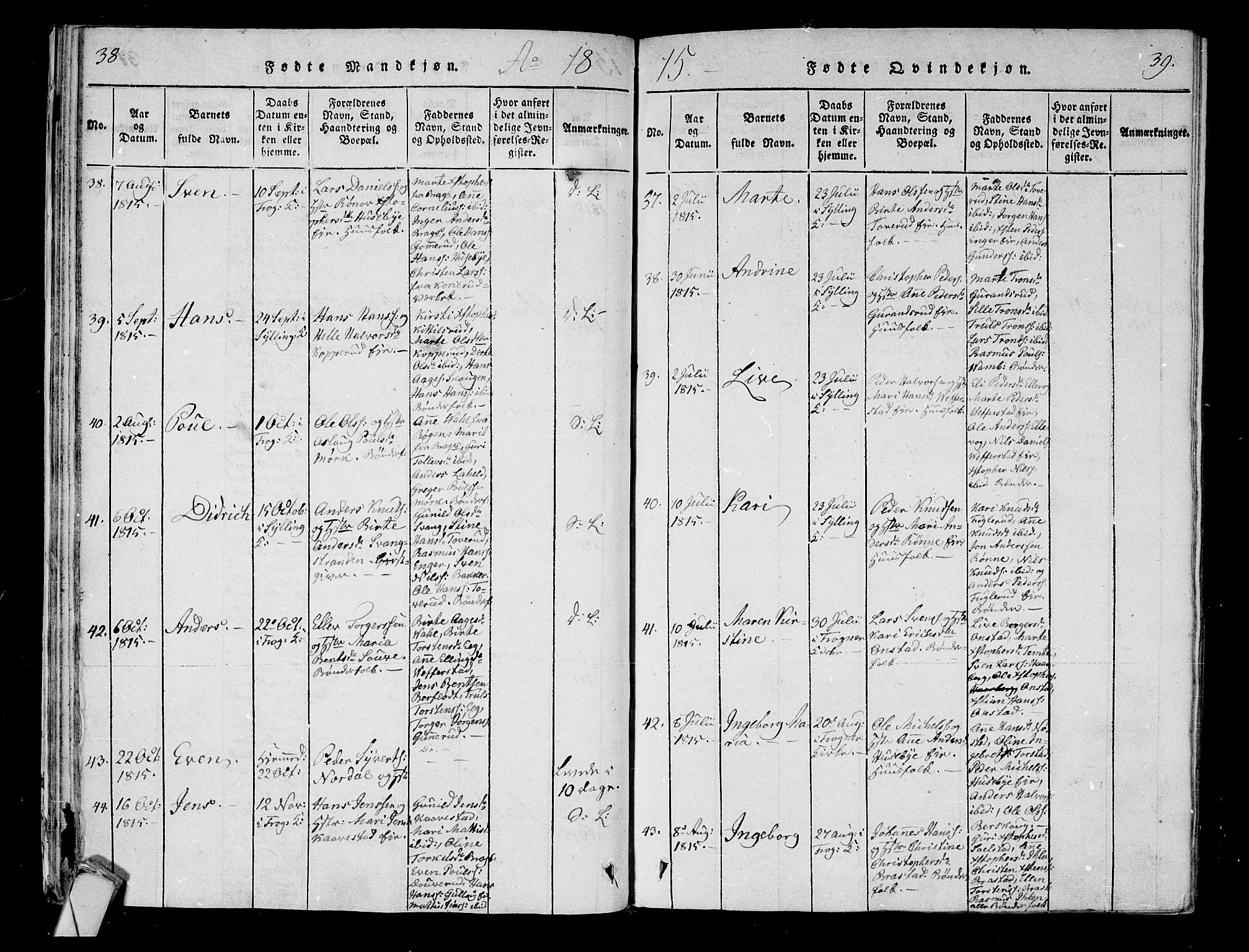 Lier kirkebøker, AV/SAKO-A-230/F/Fa/L0008: Parish register (official) no. I 8, 1813-1825, p. 38-39