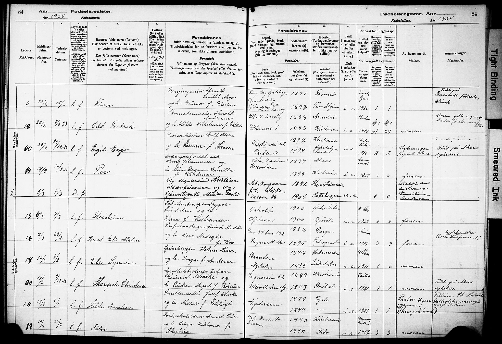 Vestre Aker prestekontor Kirkebøker, AV/SAO-A-10025/J/Ja/L0002: Birth register no. 2, 1922-1926, p. 84