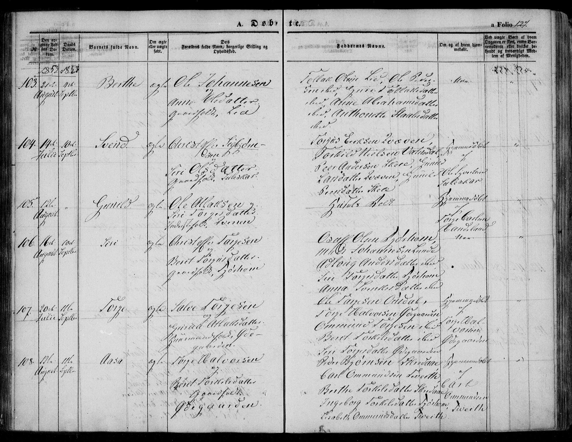 Bakke sokneprestkontor, SAK/1111-0002/F/Fa/Faa/L0005: Parish register (official) no. A 5, 1847-1855, p. 127