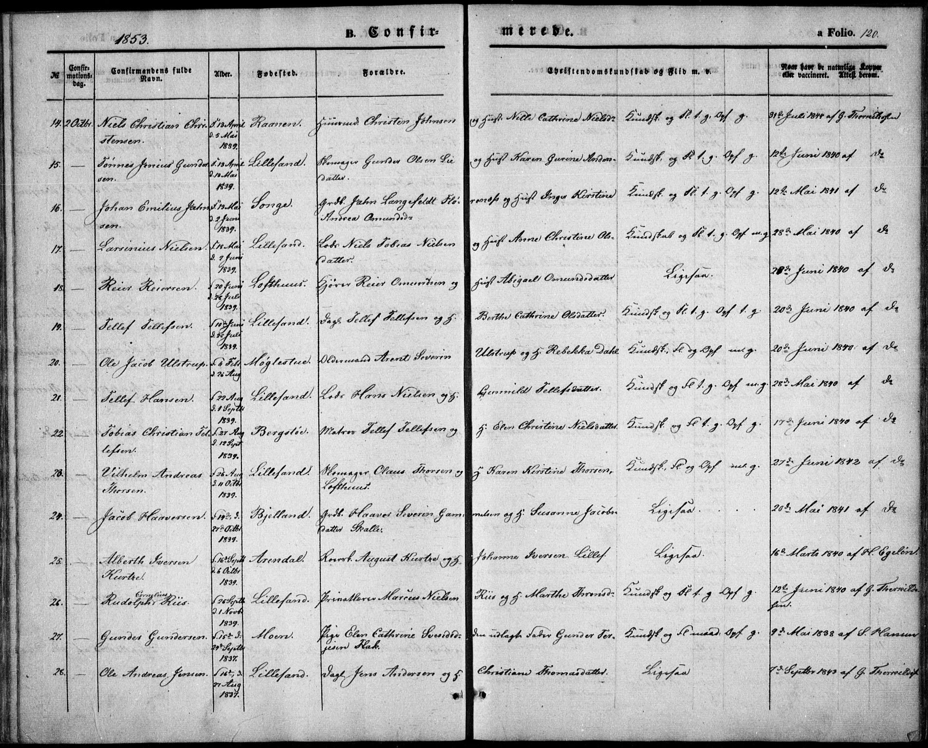Vestre Moland sokneprestkontor, SAK/1111-0046/F/Fb/Fbb/L0003: Parish register (copy) no. B 3, 1851-1861, p. 120