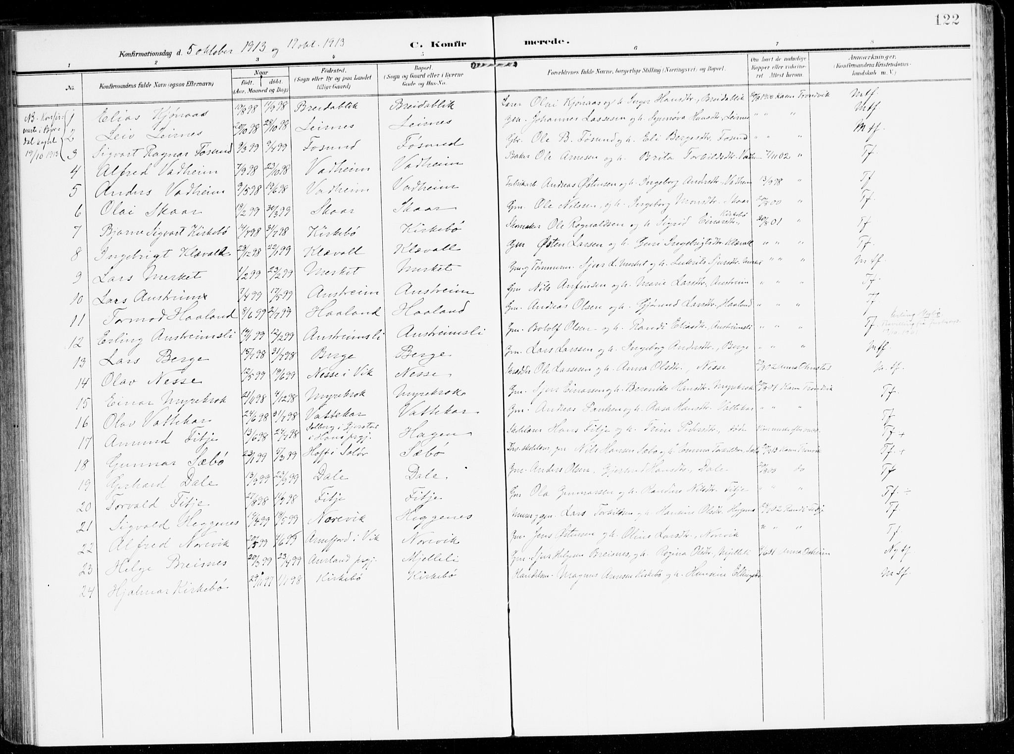 Lavik sokneprestembete, AV/SAB-A-80901: Parish register (official) no. C 2, 1904-1921, p. 122