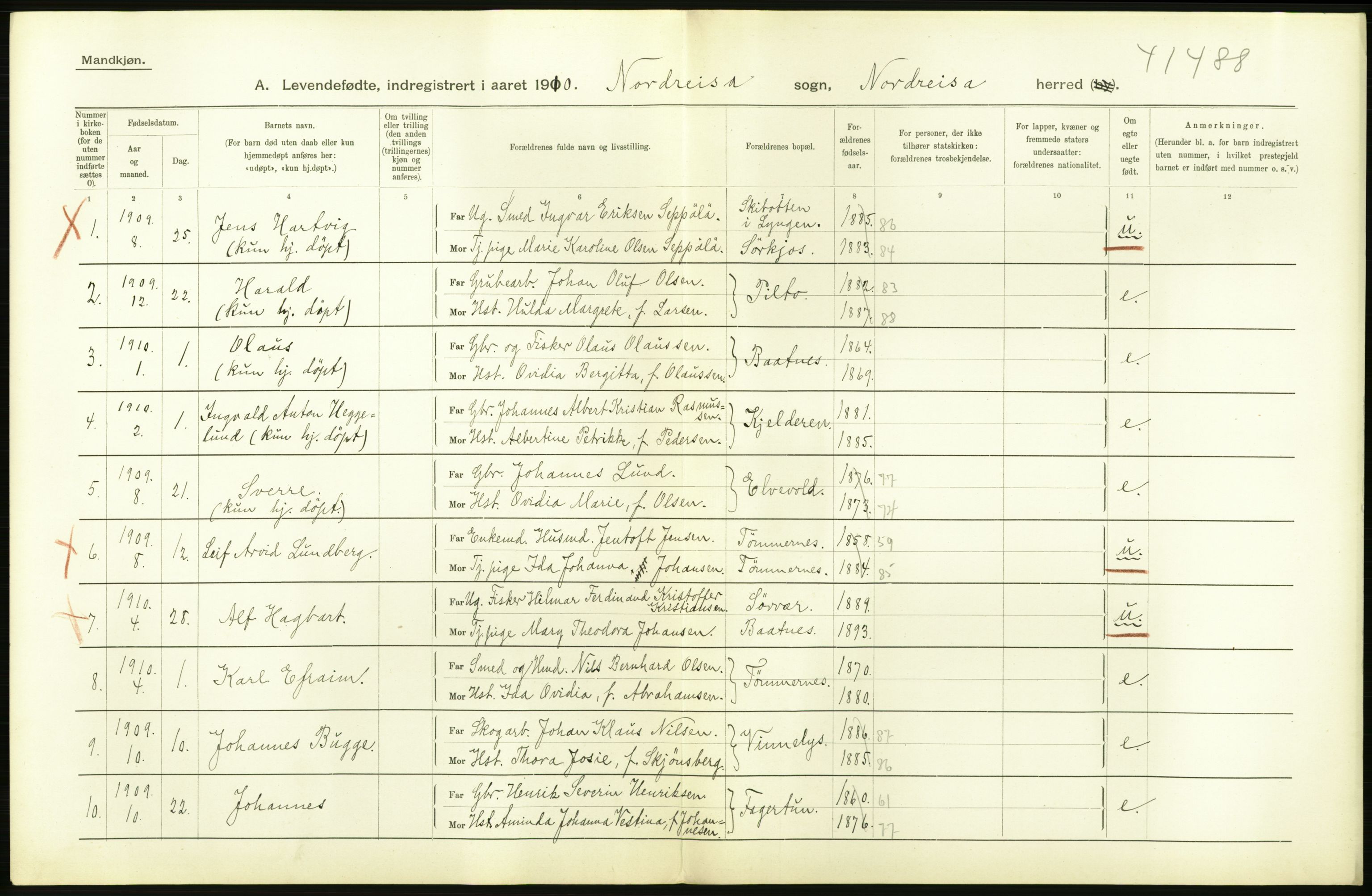 Statistisk sentralbyrå, Sosiodemografiske emner, Befolkning, AV/RA-S-2228/D/Df/Dfa/Dfah/L0043: Tromsø amt: Levendefødte menn og kvinner. Bygder og byer., 1910, p. 34