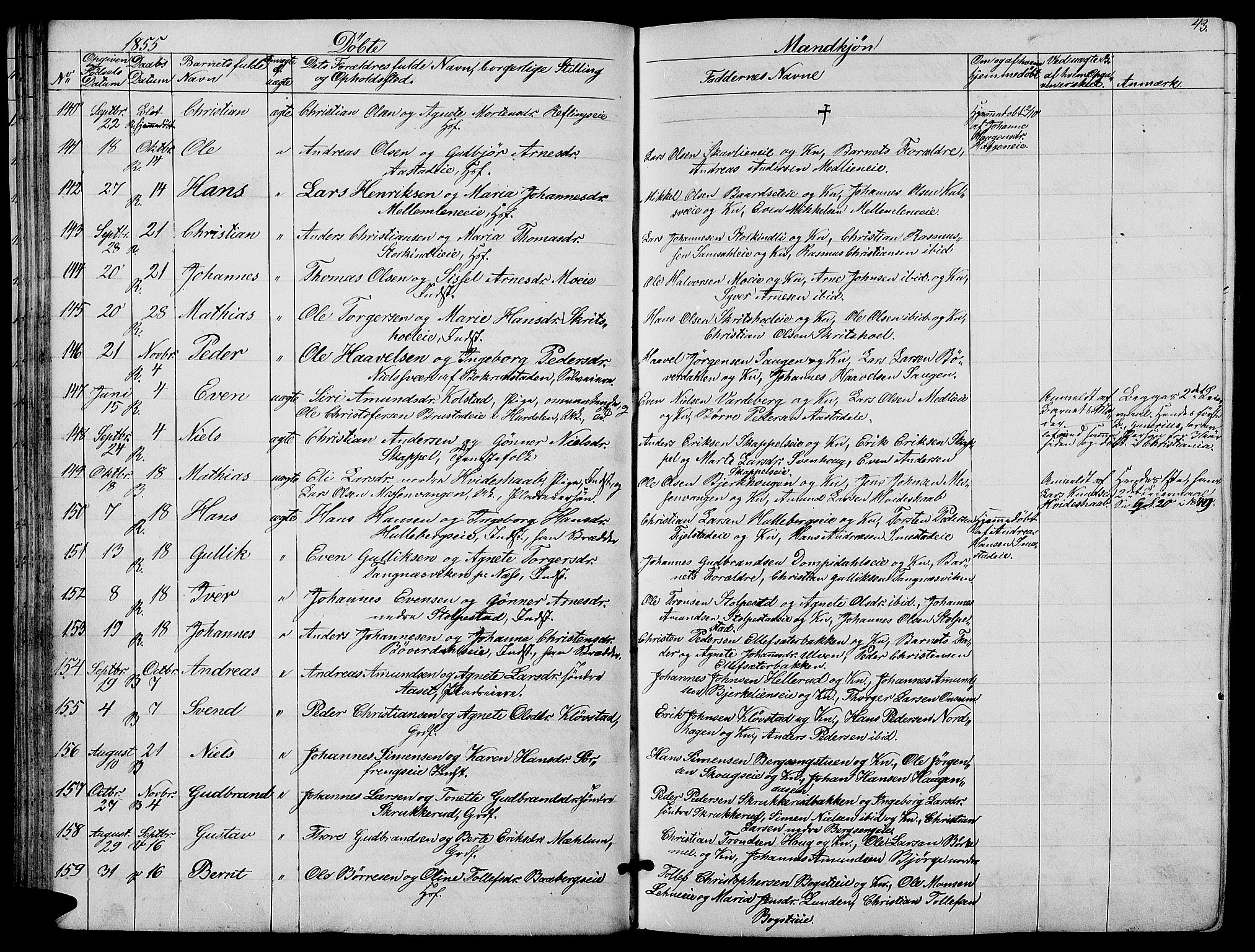 Ringsaker prestekontor, AV/SAH-PREST-014/L/La/L0006: Parish register (copy) no. 6, 1851-1860, p. 43