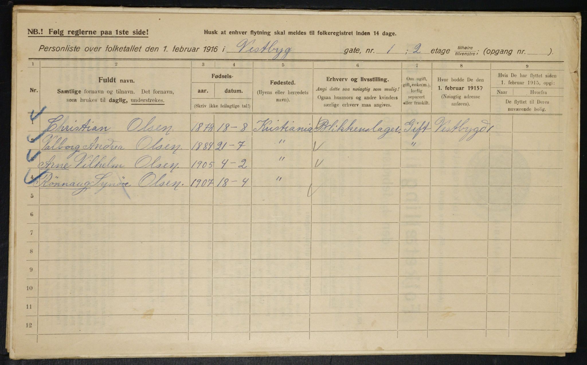 OBA, Municipal Census 1916 for Kristiania, 1916, p. 126037