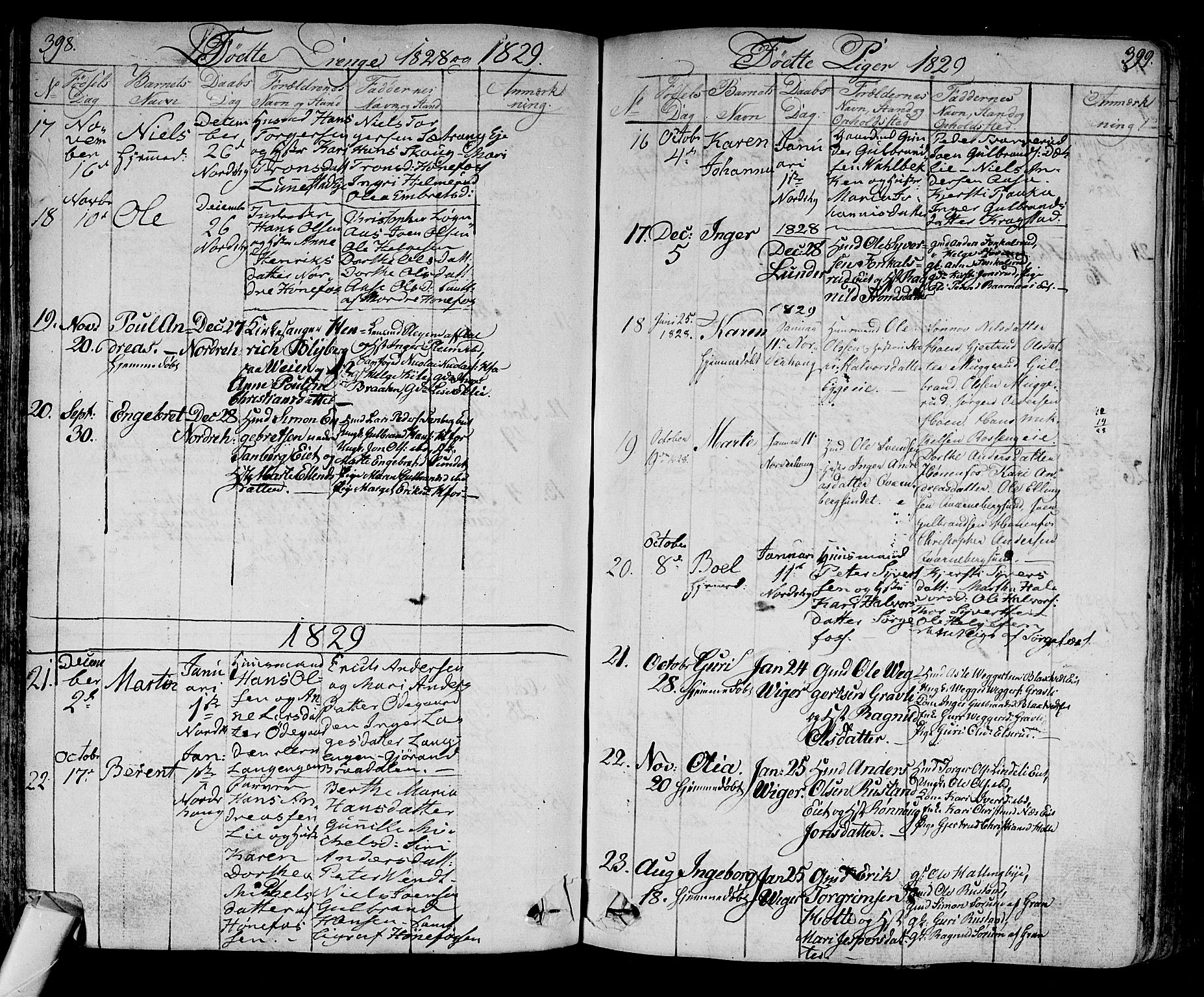 Norderhov kirkebøker, AV/SAKO-A-237/F/Fa/L0009: Parish register (official) no. 9, 1819-1837, p. 398-399