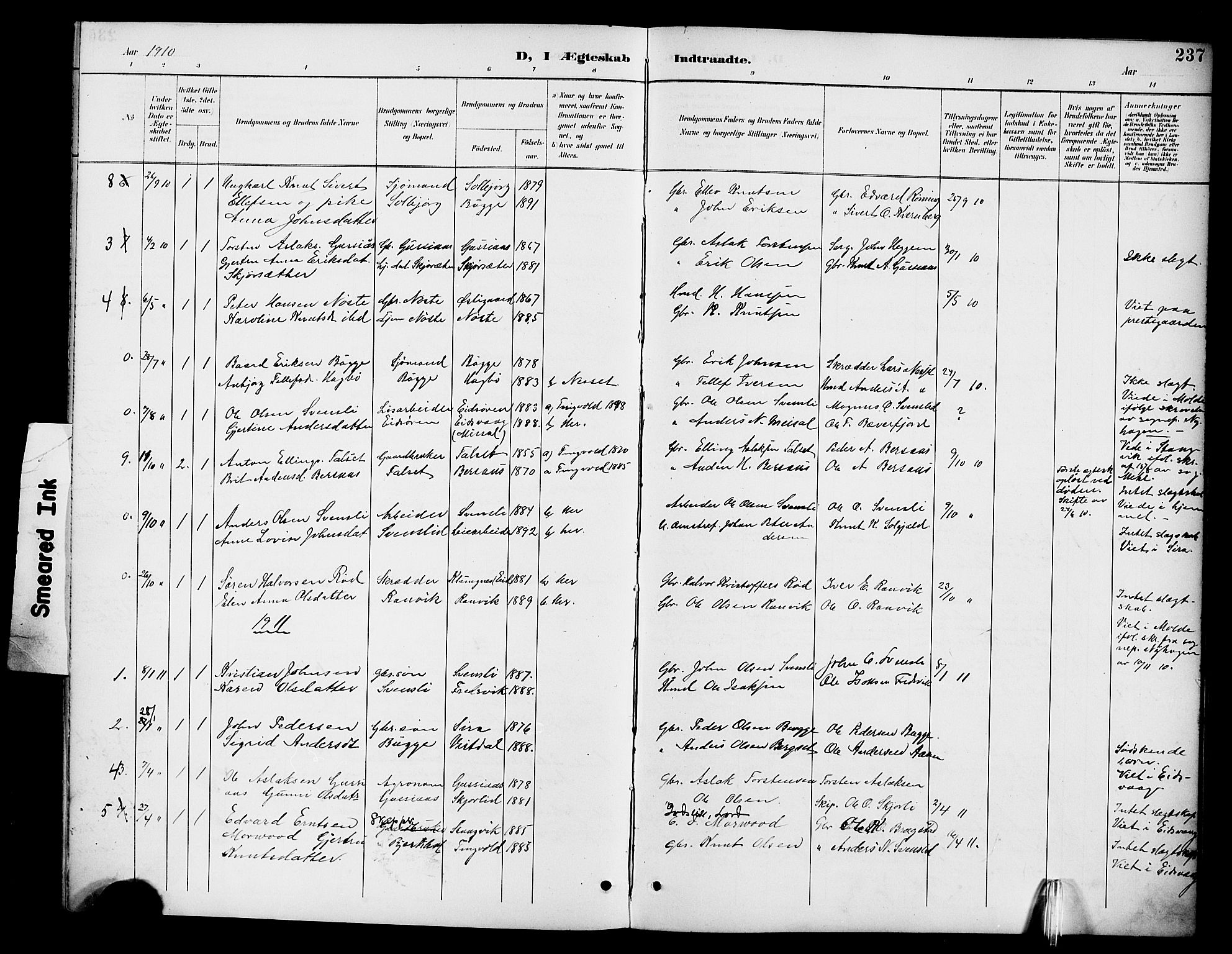 Ministerialprotokoller, klokkerbøker og fødselsregistre - Møre og Romsdal, SAT/A-1454/551/L0632: Parish register (copy) no. 551C04, 1894-1920, p. 237