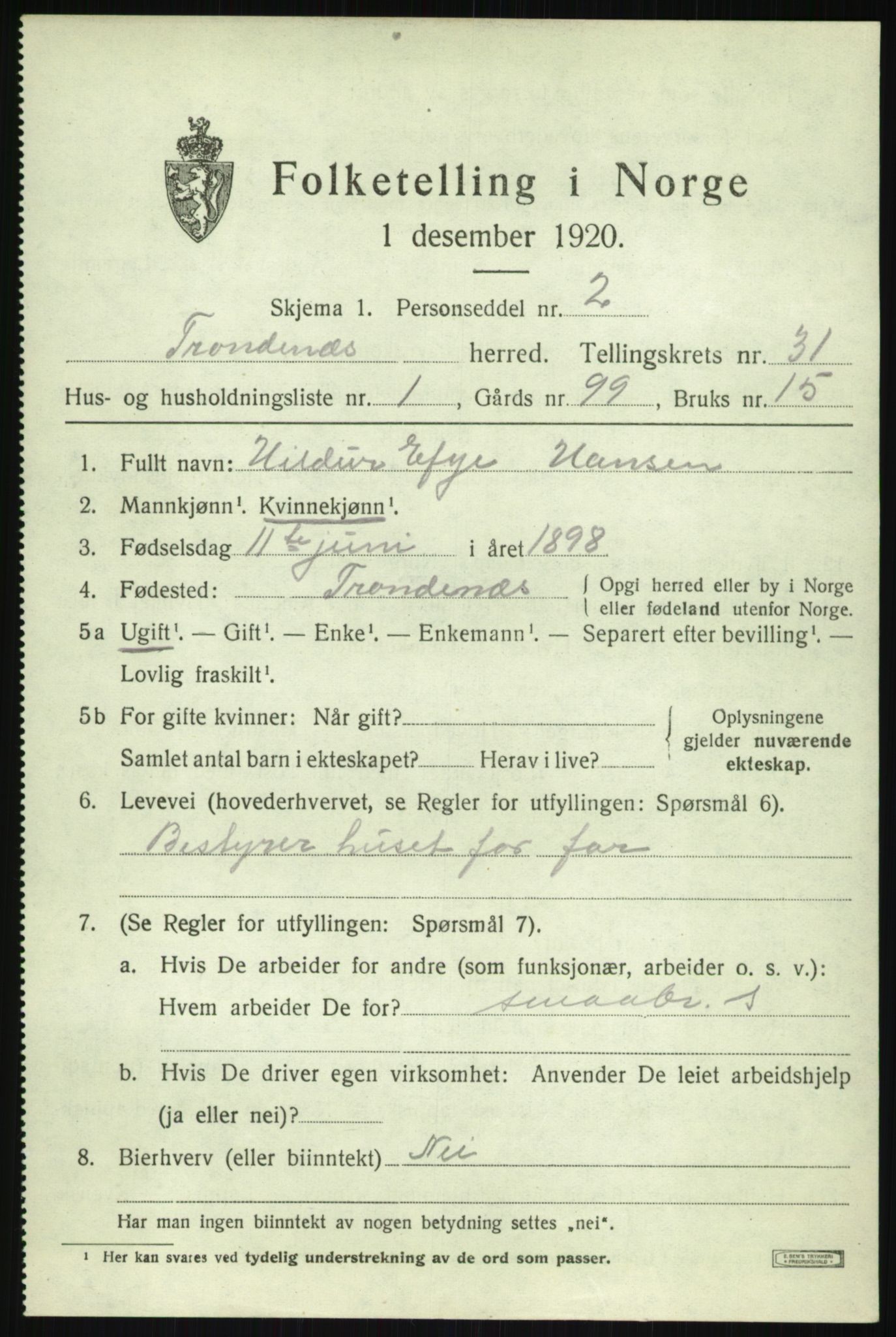 SATØ, 1920 census for Trondenes, 1920, p. 21917