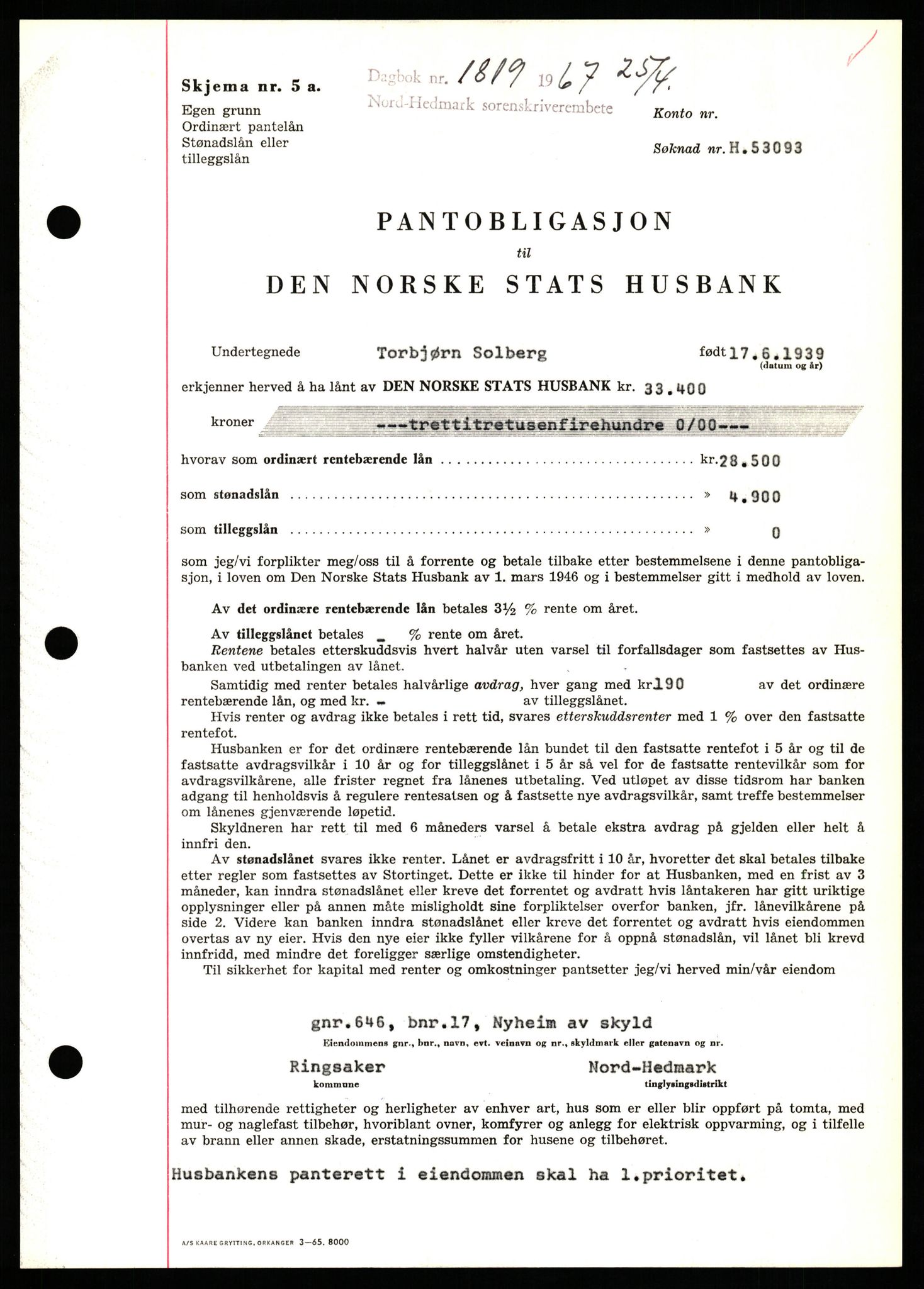 Nord-Hedmark sorenskriveri, SAH/TING-012/H/Hb/Hbf/L0071: Mortgage book no. B71, 1967-1967, Diary no: : 1819/1967
