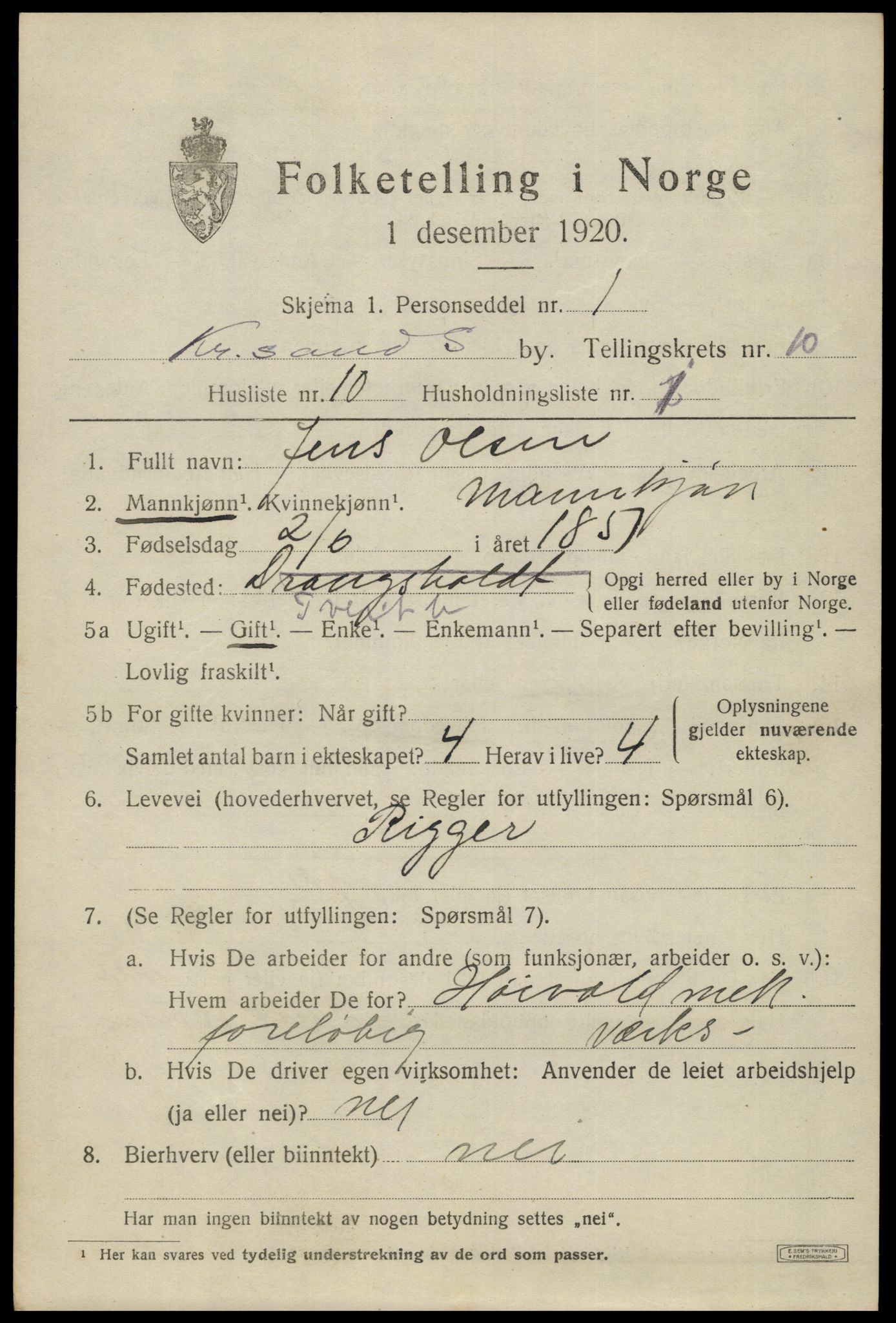 SAK, 1920 census for Kristiansand, 1920, p. 23819