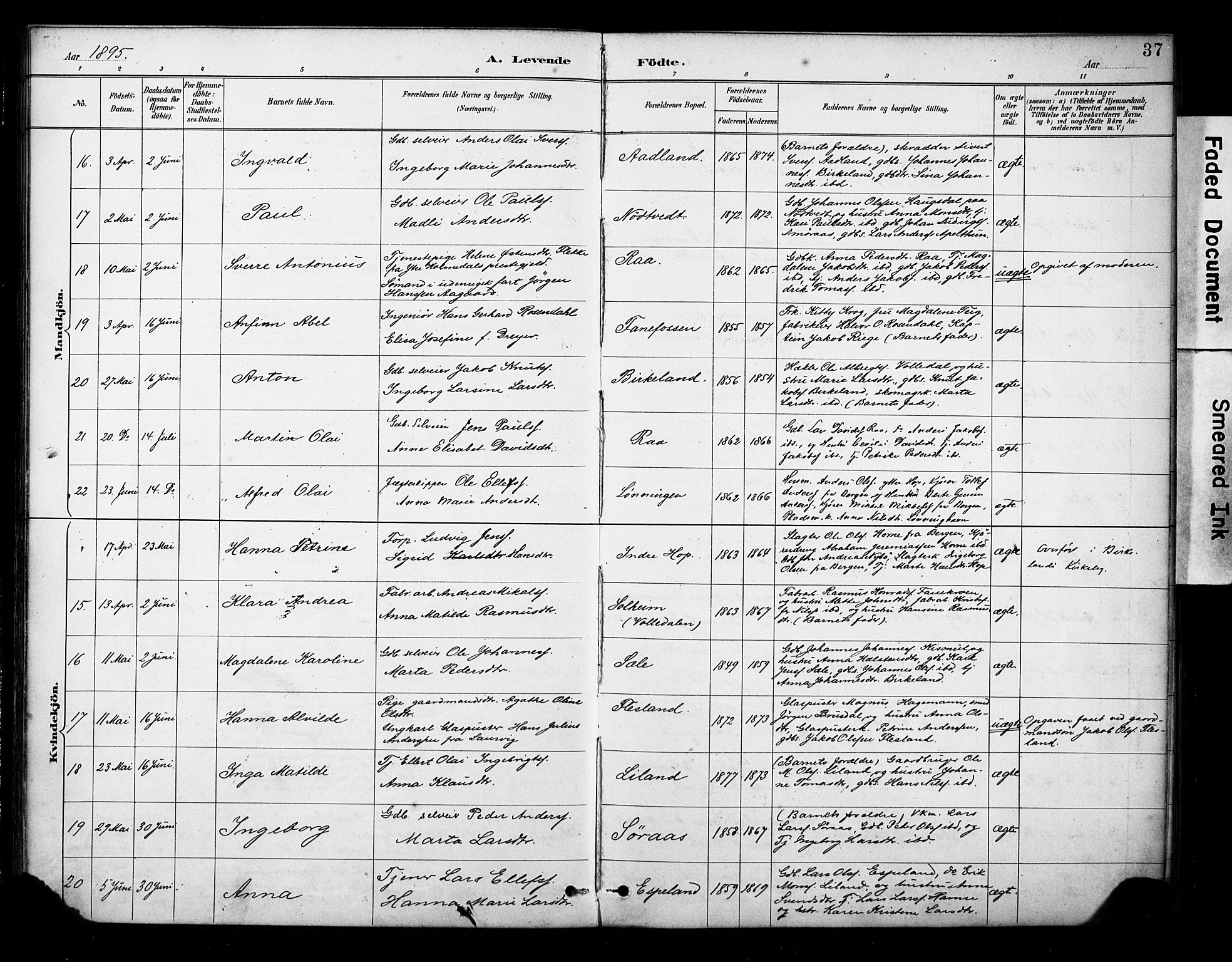 Fana Sokneprestembete, AV/SAB-A-75101/H/Haa/Haab/L0002: Parish register (official) no. B 2, 1890-1897, p. 37