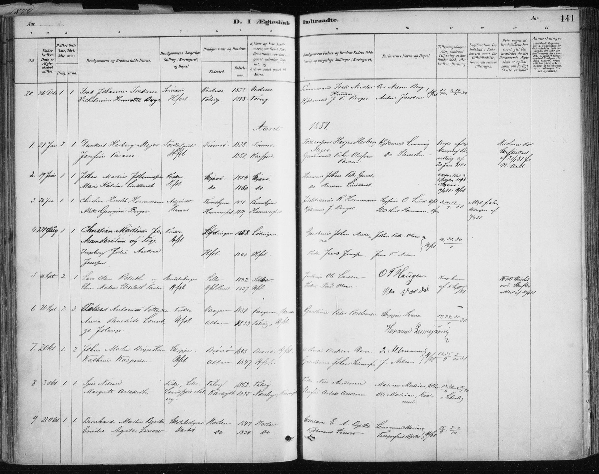 Hammerfest sokneprestkontor, SATØ/S-1347/H/Ha/L0008.kirke: Parish register (official) no. 8, 1878-1889, p. 141
