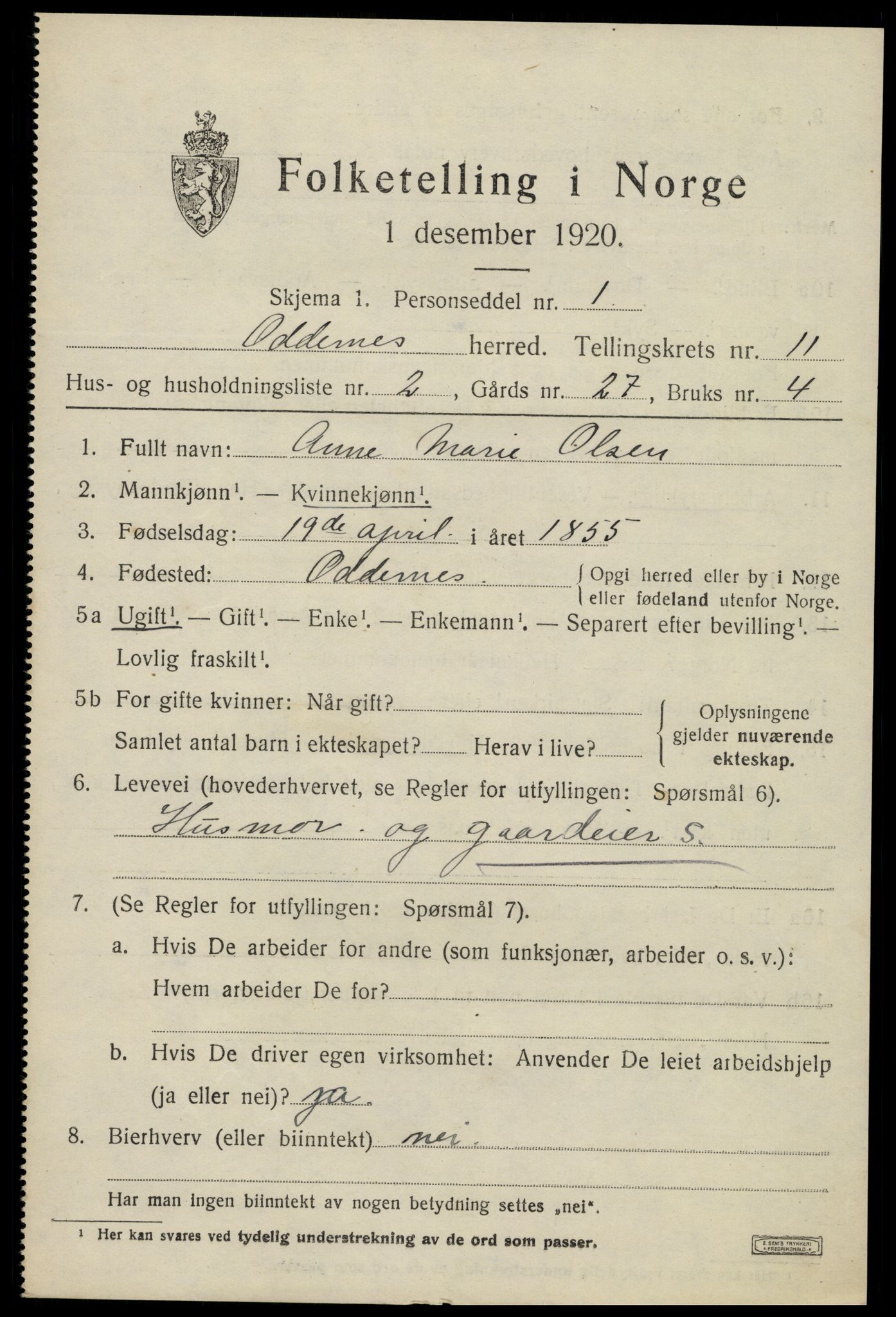 SAK, 1920 census for Oddernes, 1920, p. 7073