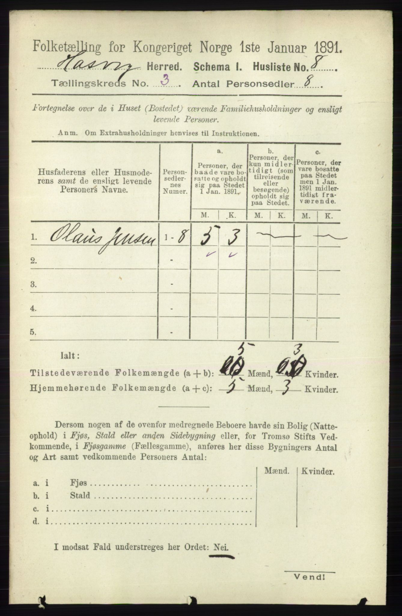 RA, 1891 census for 2015 Hasvik, 1891, p. 396