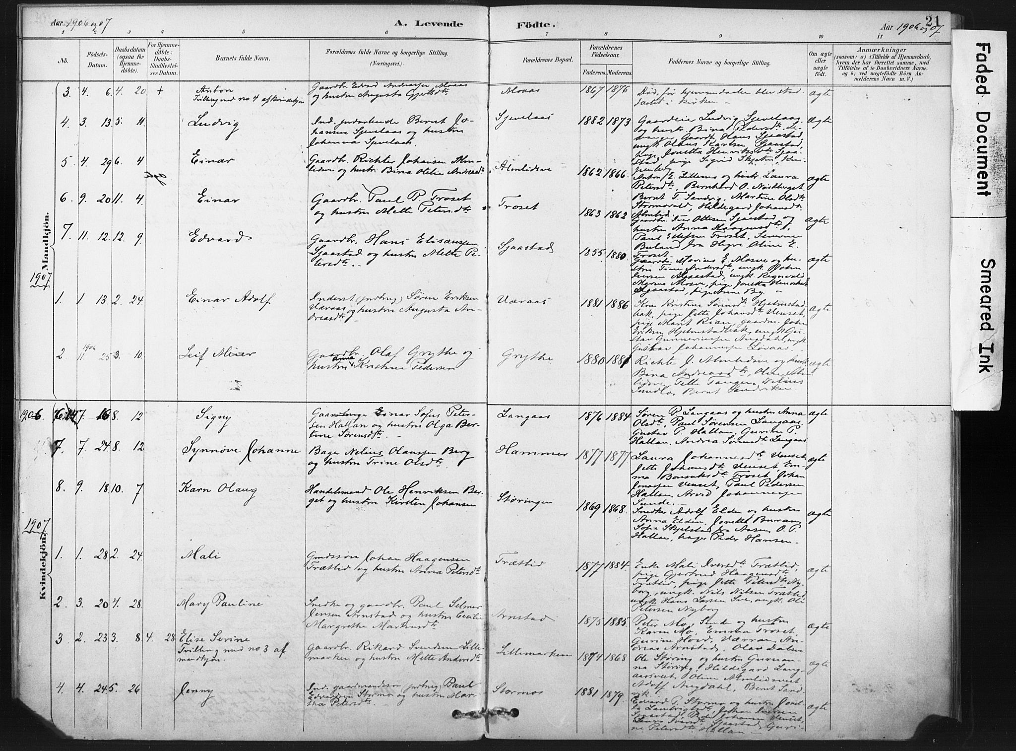 Ministerialprotokoller, klokkerbøker og fødselsregistre - Nord-Trøndelag, AV/SAT-A-1458/718/L0175: Parish register (official) no. 718A01, 1890-1923, p. 21