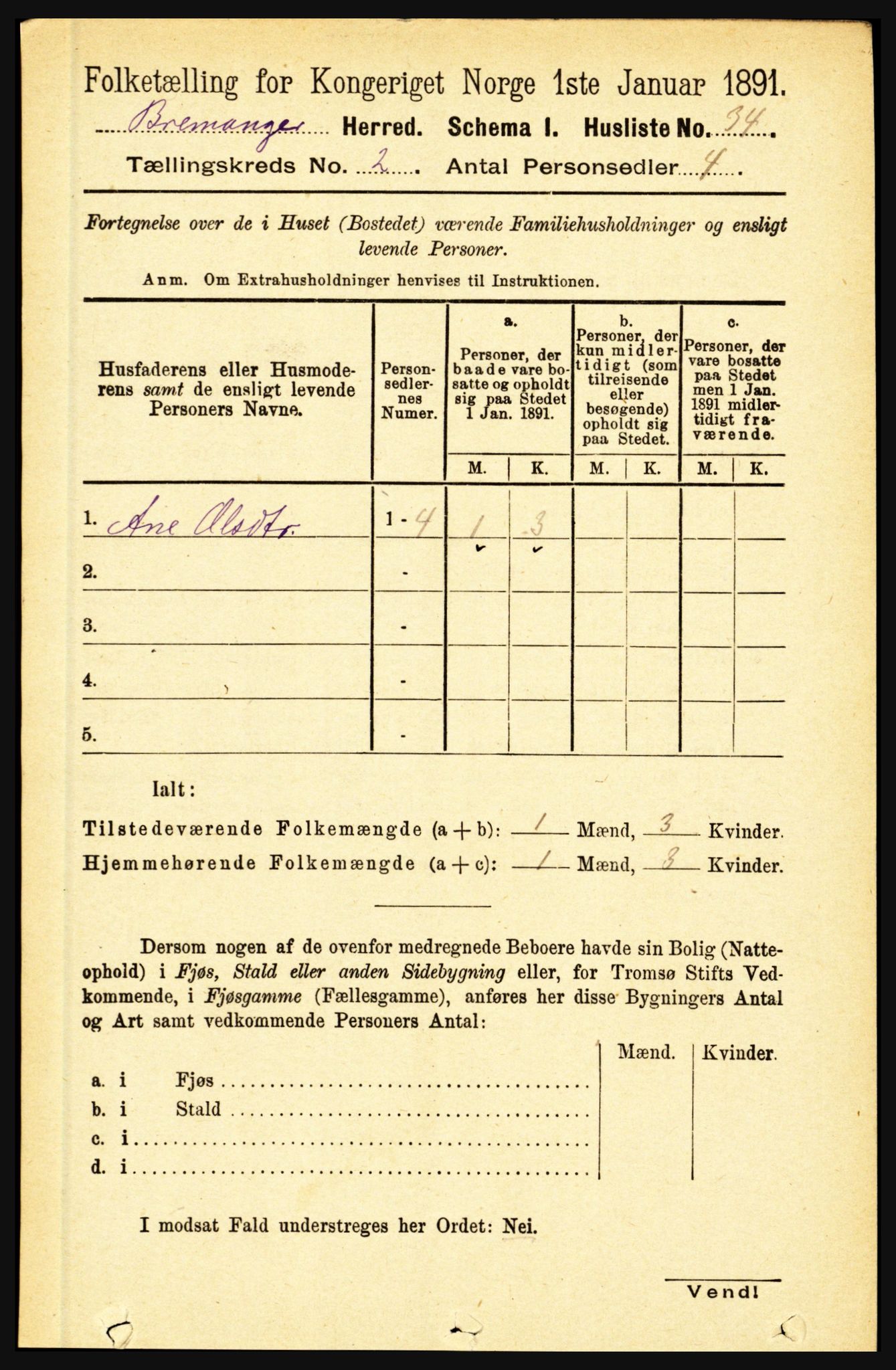 RA, 1891 census for 1438 Bremanger, 1891, p. 645