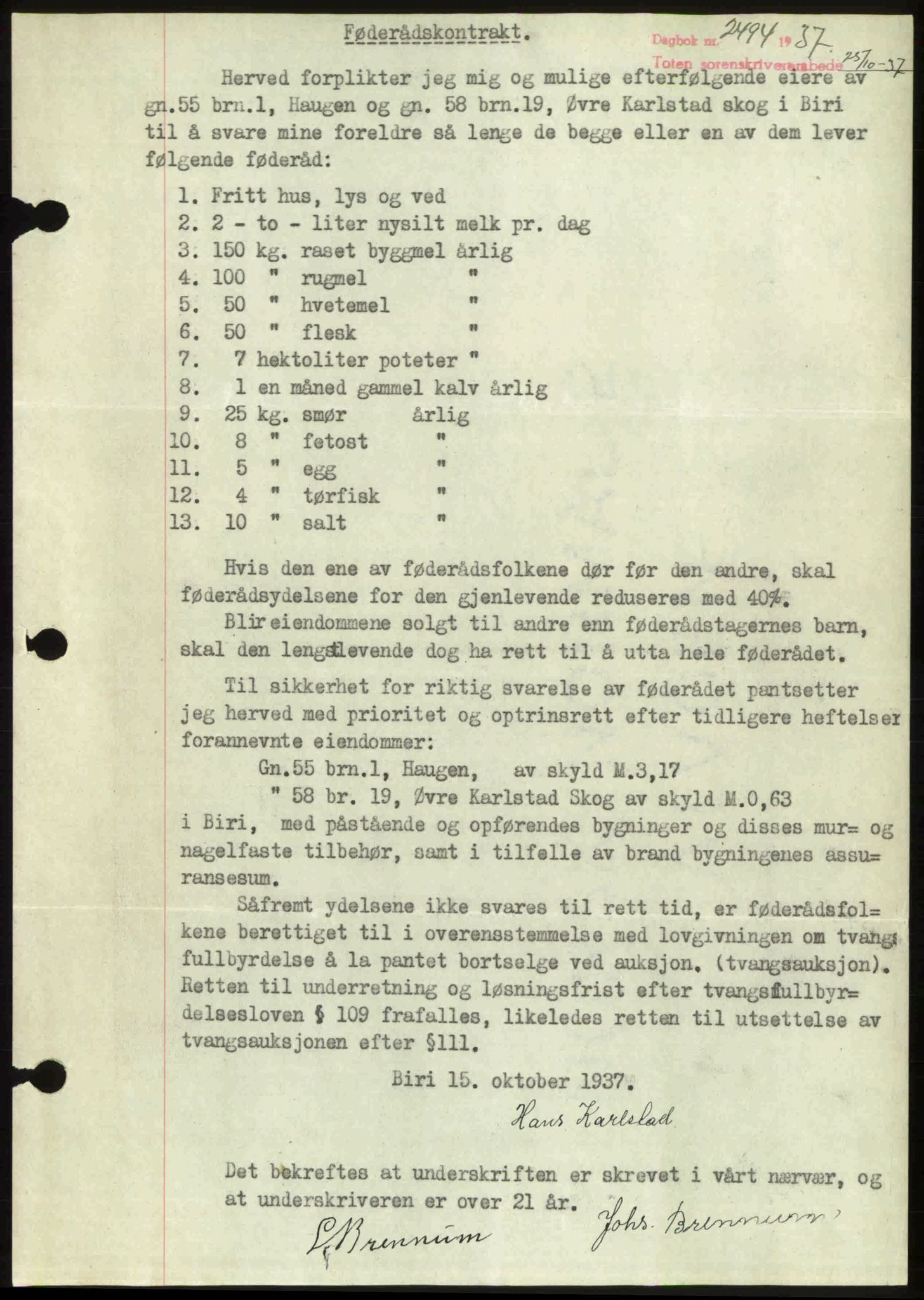 Toten tingrett, SAH/TING-006/H/Hb/Hbc/L0003: Mortgage book no. Hbc-03, 1937-1938, Diary no: : 2494/1937