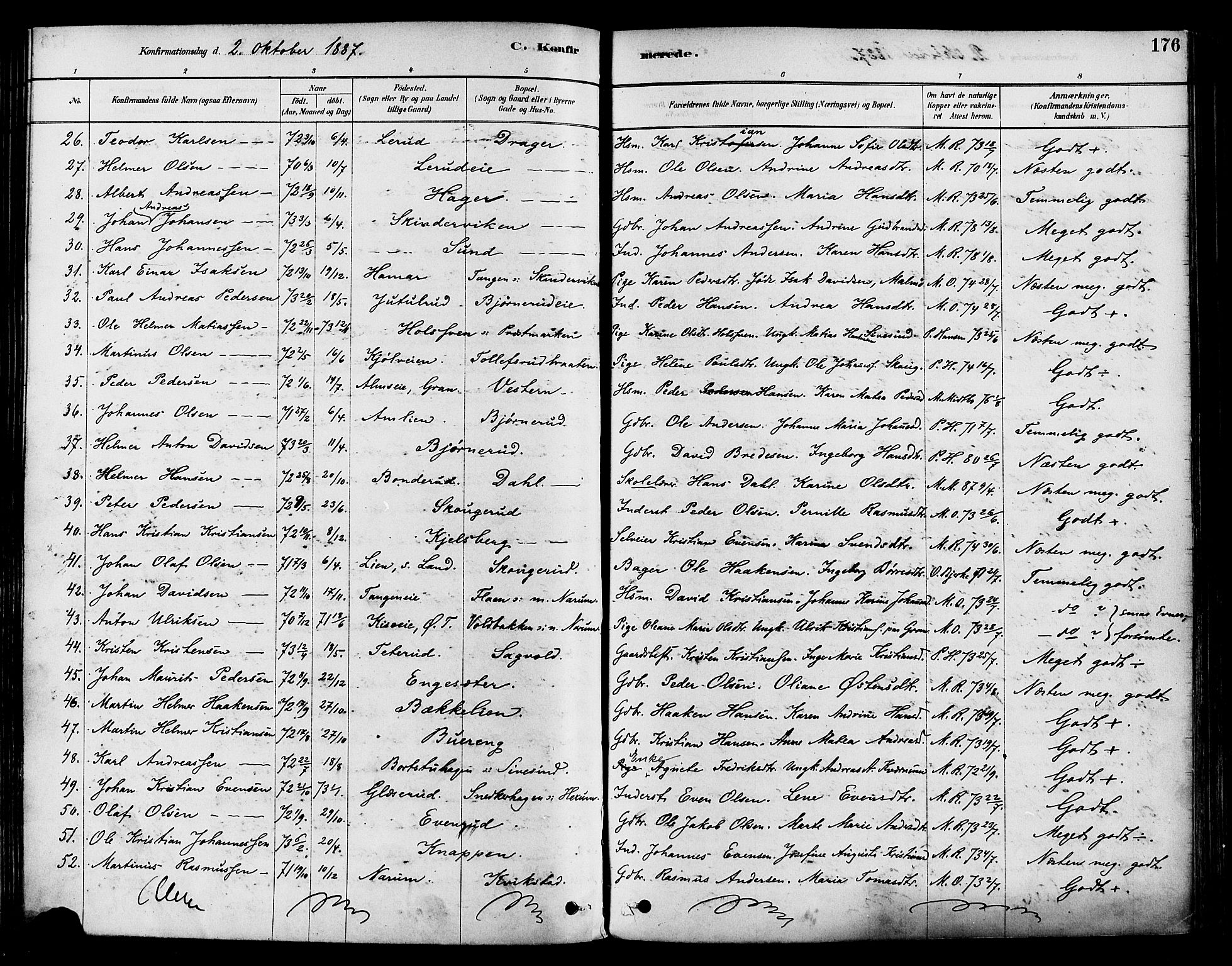 Vestre Toten prestekontor, SAH/PREST-108/H/Ha/Haa/L0009: Parish register (official) no. 9, 1878-1894, p. 176