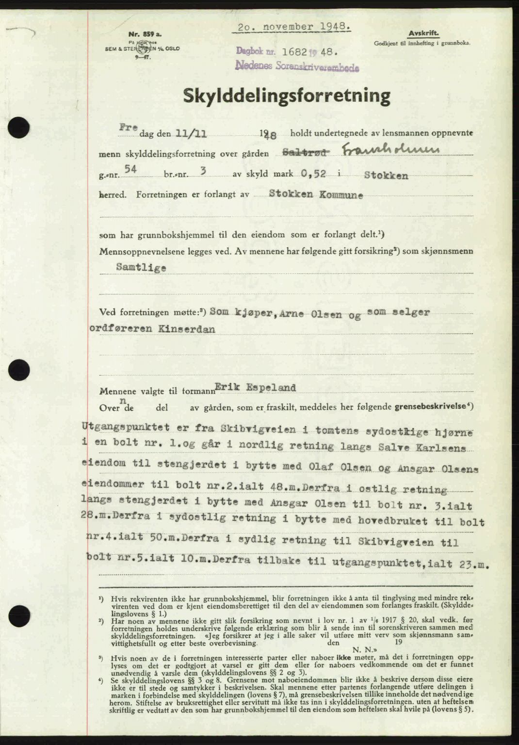 Nedenes sorenskriveri, AV/SAK-1221-0006/G/Gb/Gba/L0060: Mortgage book no. A12, 1948-1949, Diary no: : 1682/1948