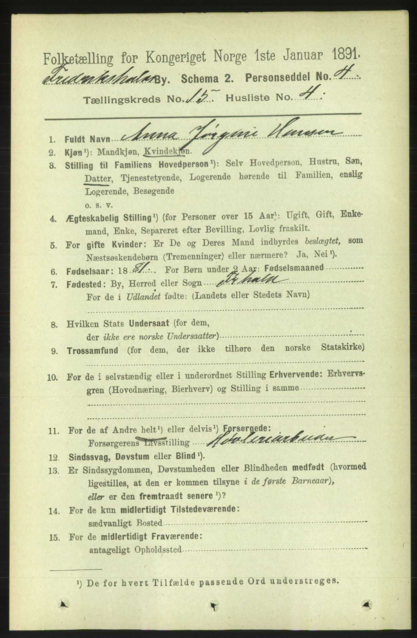 RA, 1891 census for 0101 Fredrikshald, 1891, p. 9484