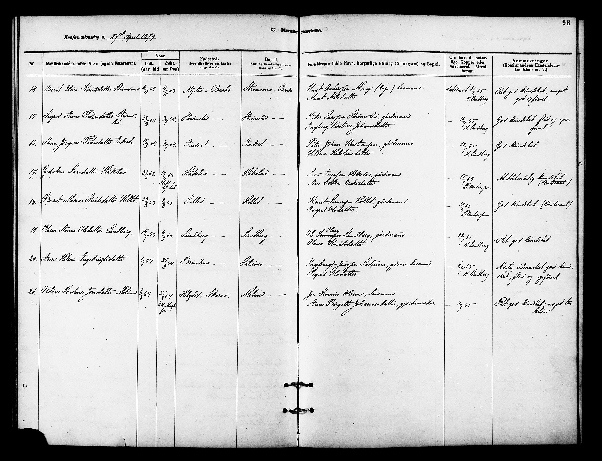 Målselv sokneprestembete, AV/SATØ-S-1311/G/Ga/Gaa/L0009kirke: Parish register (official) no. 9, 1878-1889, p. 96