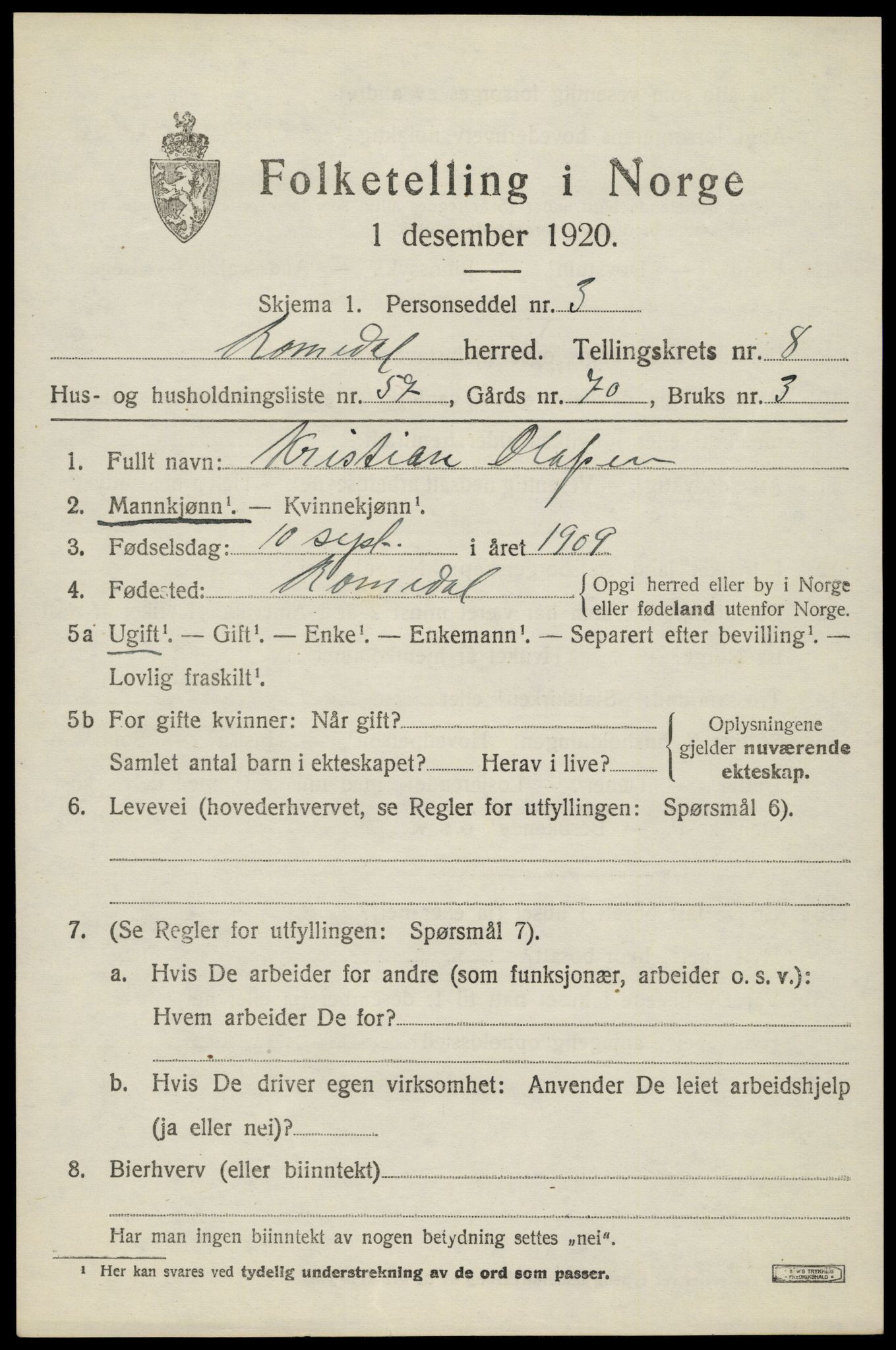 SAH, 1920 census for Romedal, 1920, p. 10345