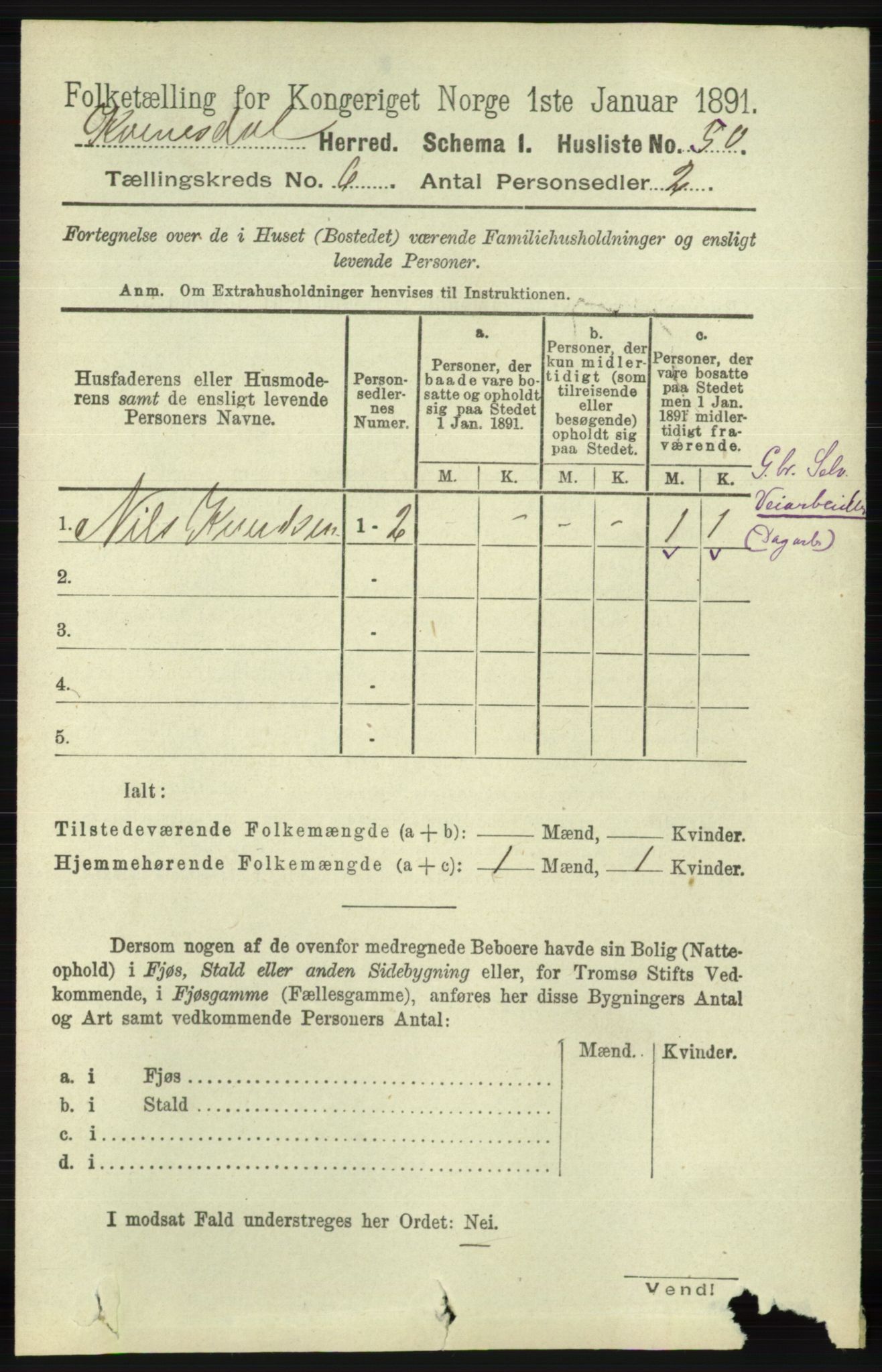 RA, 1891 census for 1037 Kvinesdal, 1891, p. 2100