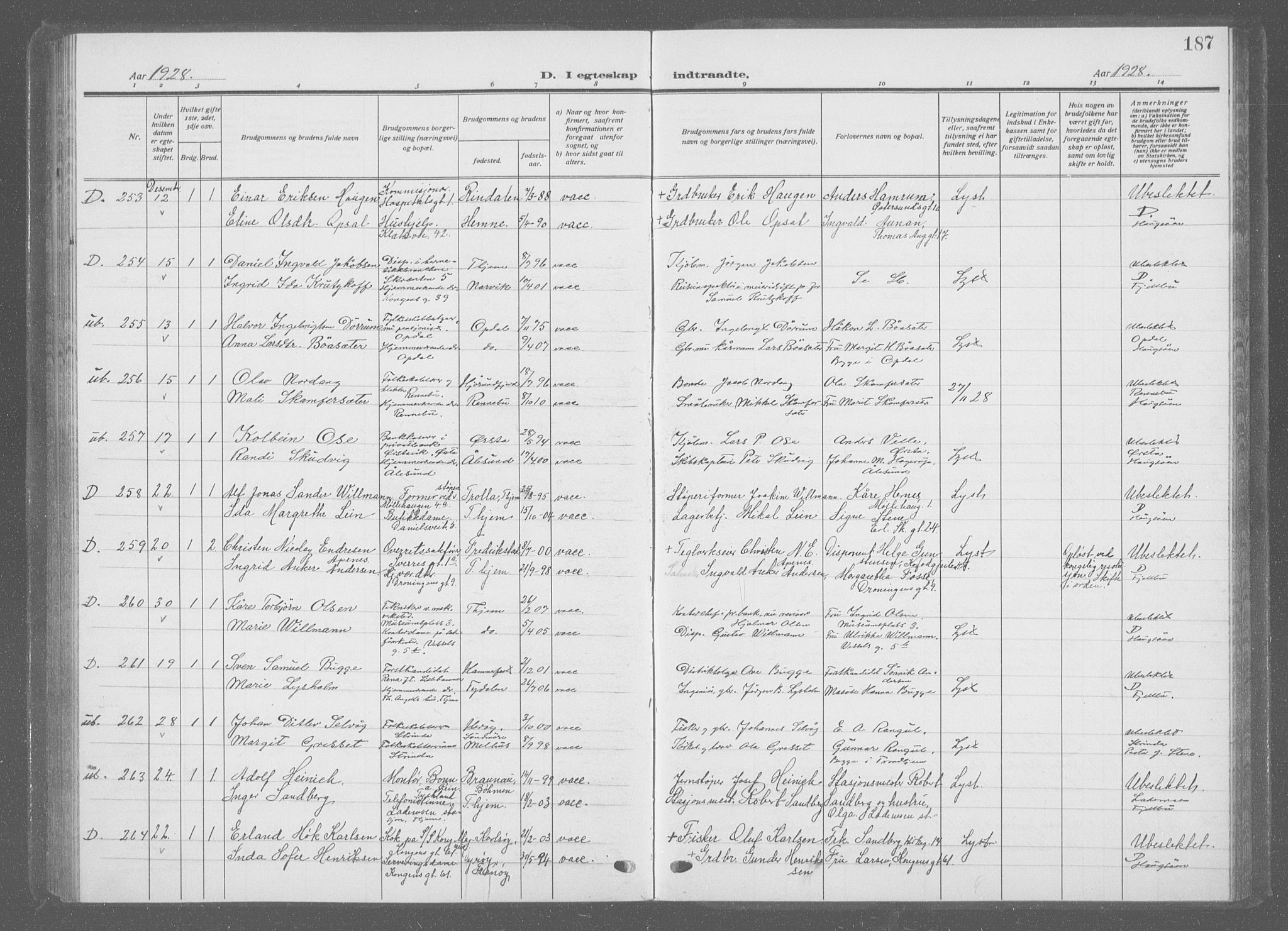 Ministerialprotokoller, klokkerbøker og fødselsregistre - Sør-Trøndelag, SAT/A-1456/601/L0098: Parish register (copy) no. 601C16, 1921-1934, p. 187