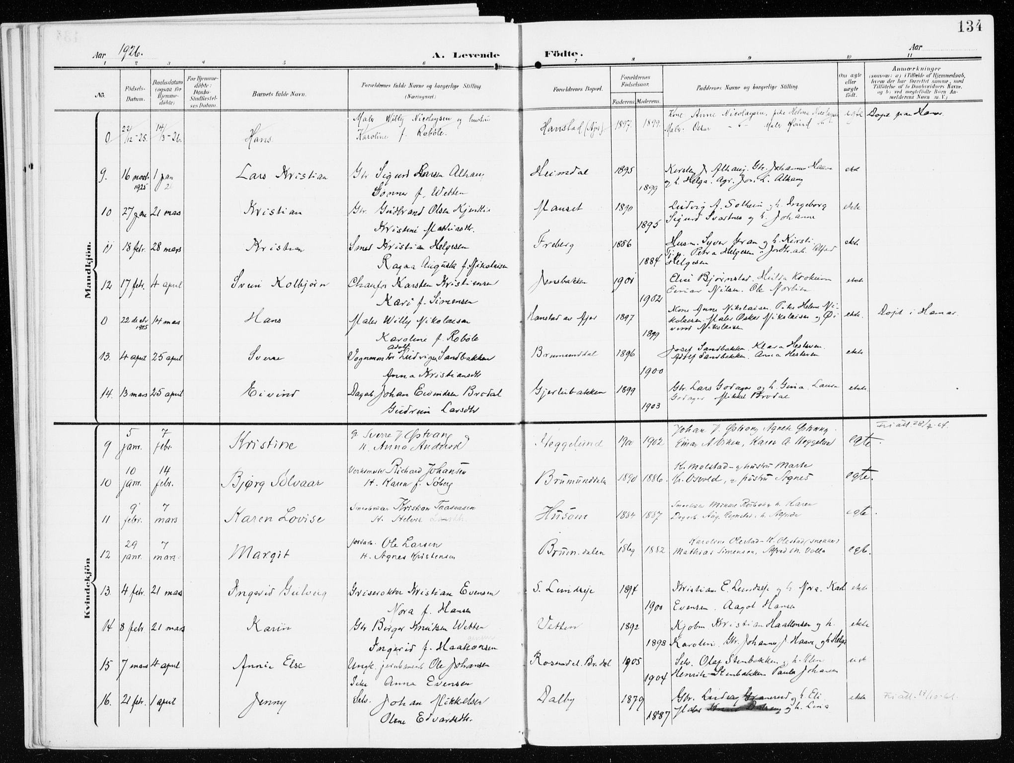 Furnes prestekontor, AV/SAH-PREST-012/K/Ka/L0001: Parish register (official) no. 1, 1907-1935, p. 134