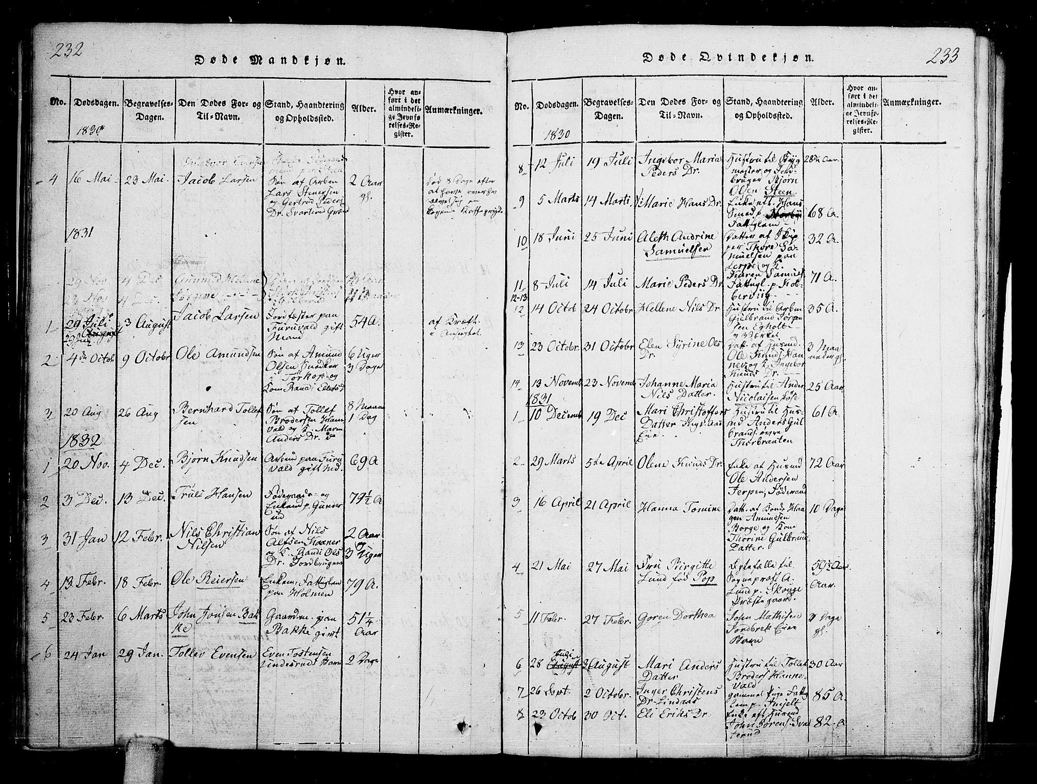 Skoger kirkebøker, AV/SAKO-A-59/G/Ga/L0001: Parish register (copy) no. I 1, 1814-1845, p. 232-233