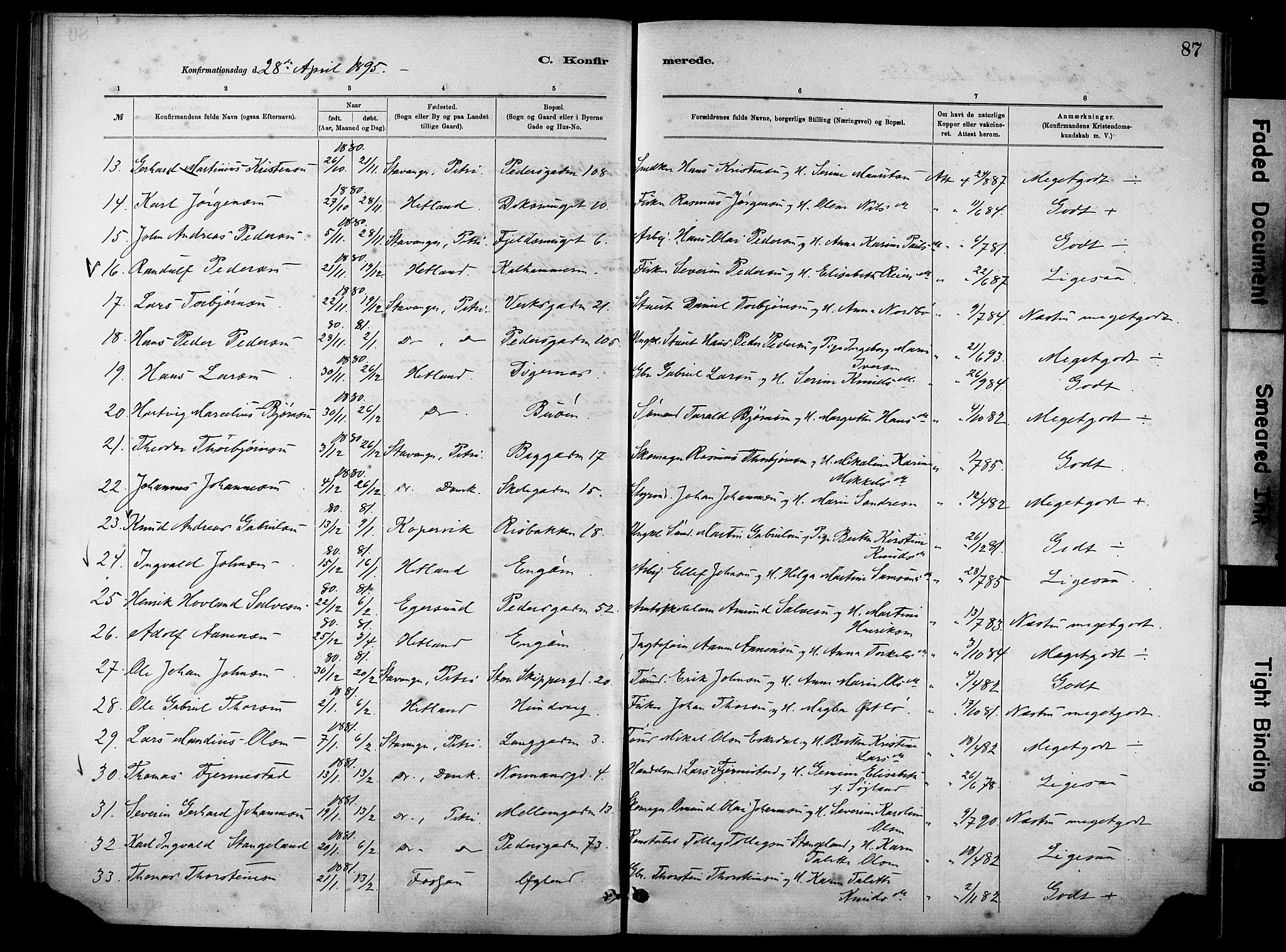 St. Johannes sokneprestkontor, SAST/A-101814/001/30/30BA/L0002: Parish register (official) no. A 2, 1885-1899, p. 87