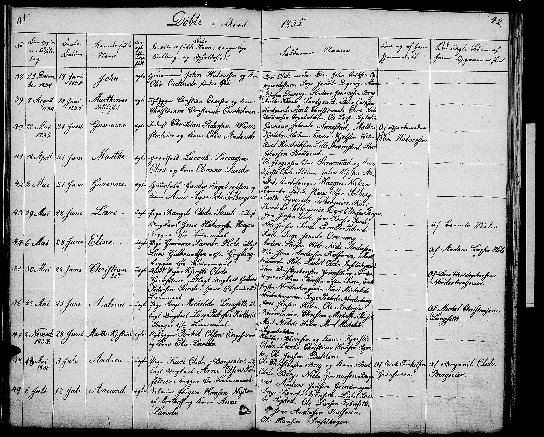 Løten prestekontor, AV/SAH-PREST-022/L/La/L0002: Parish register (copy) no. 2, 1832-1850, p. 41-42