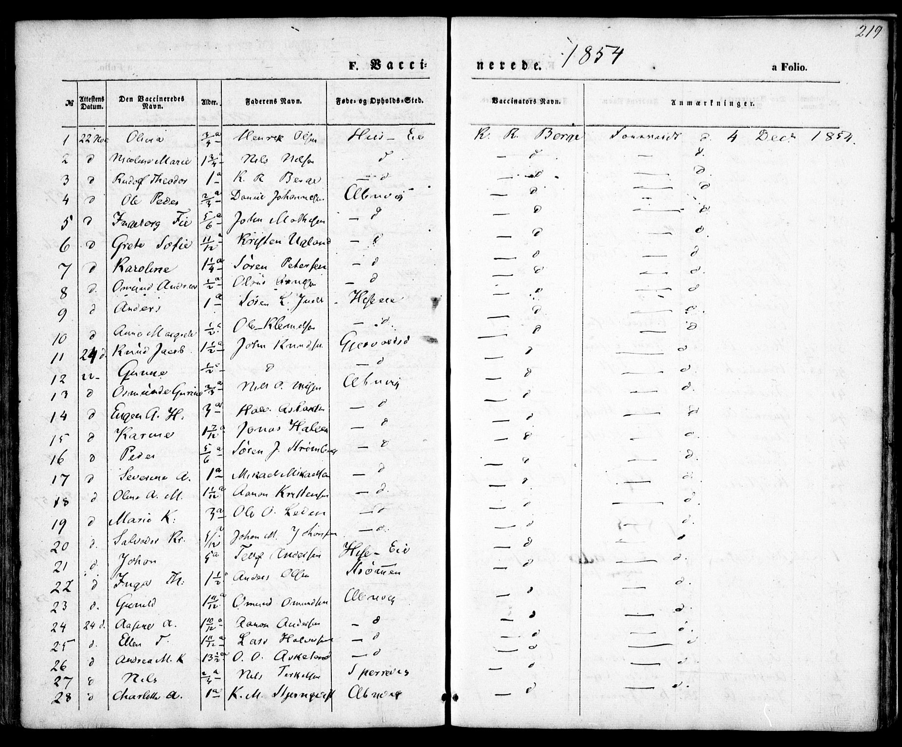 Hisøy sokneprestkontor, SAK/1111-0020/F/Fa/L0001: Parish register (official) no. A 1, 1849-1871, p. 219
