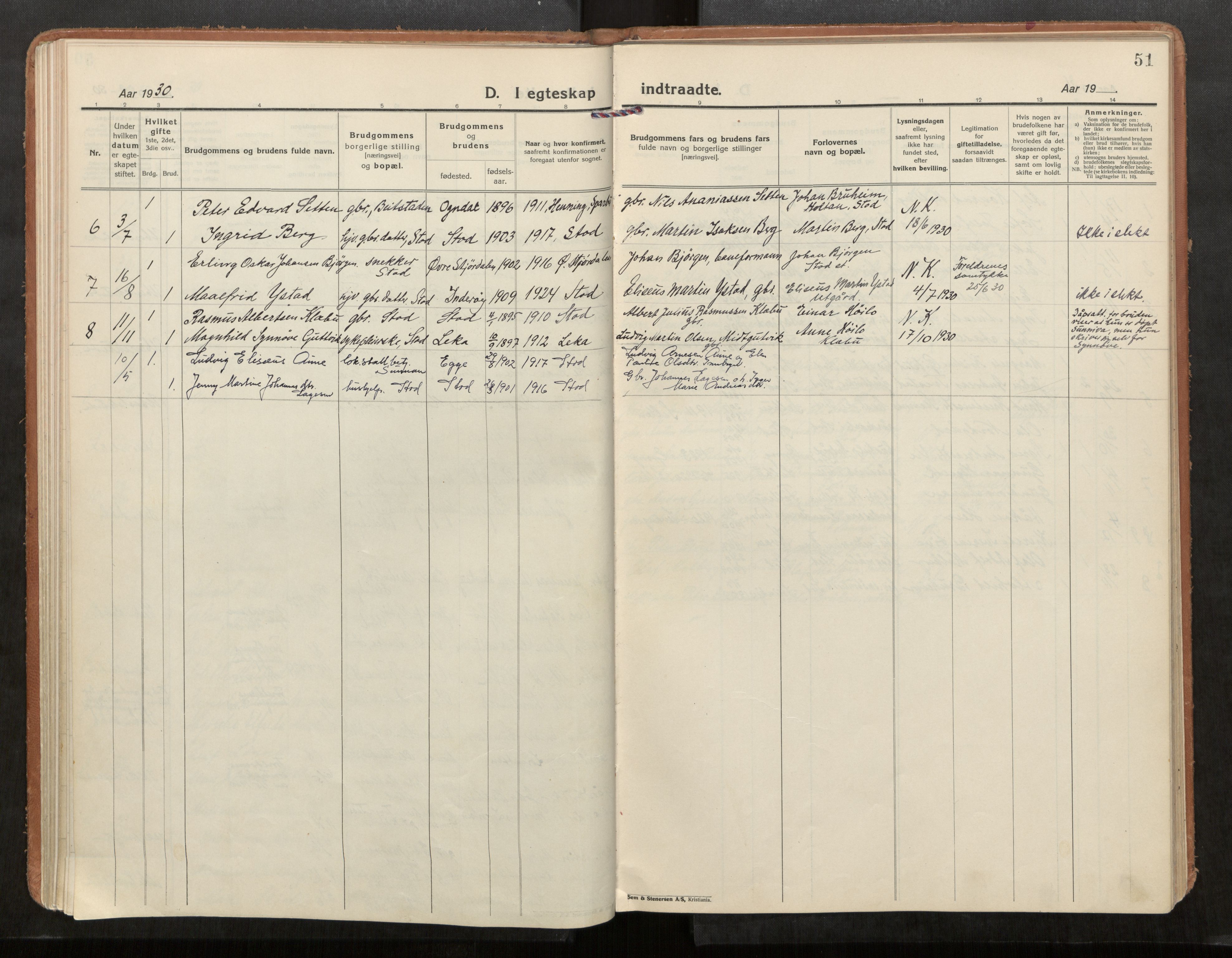 Stod sokneprestkontor, SAT/A-1164/1/I/I1/I1a/L0005: Parish register (official) no. 5, 1923-1932, p. 51