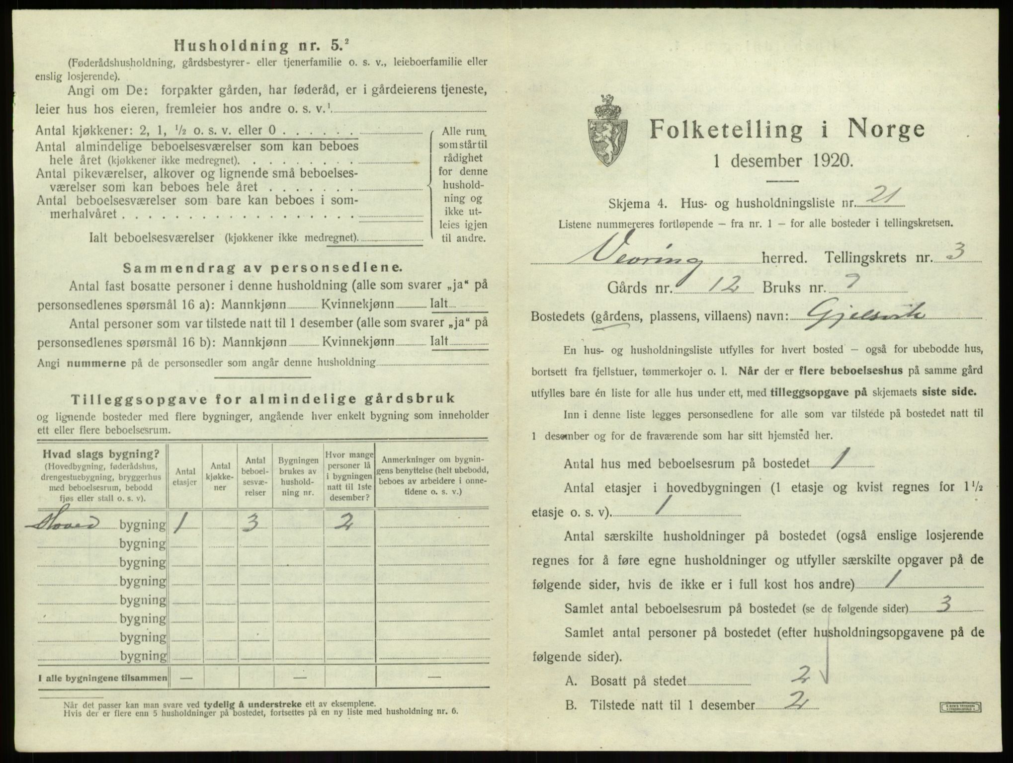 SAB, 1920 census for Vevring, 1920, p. 169