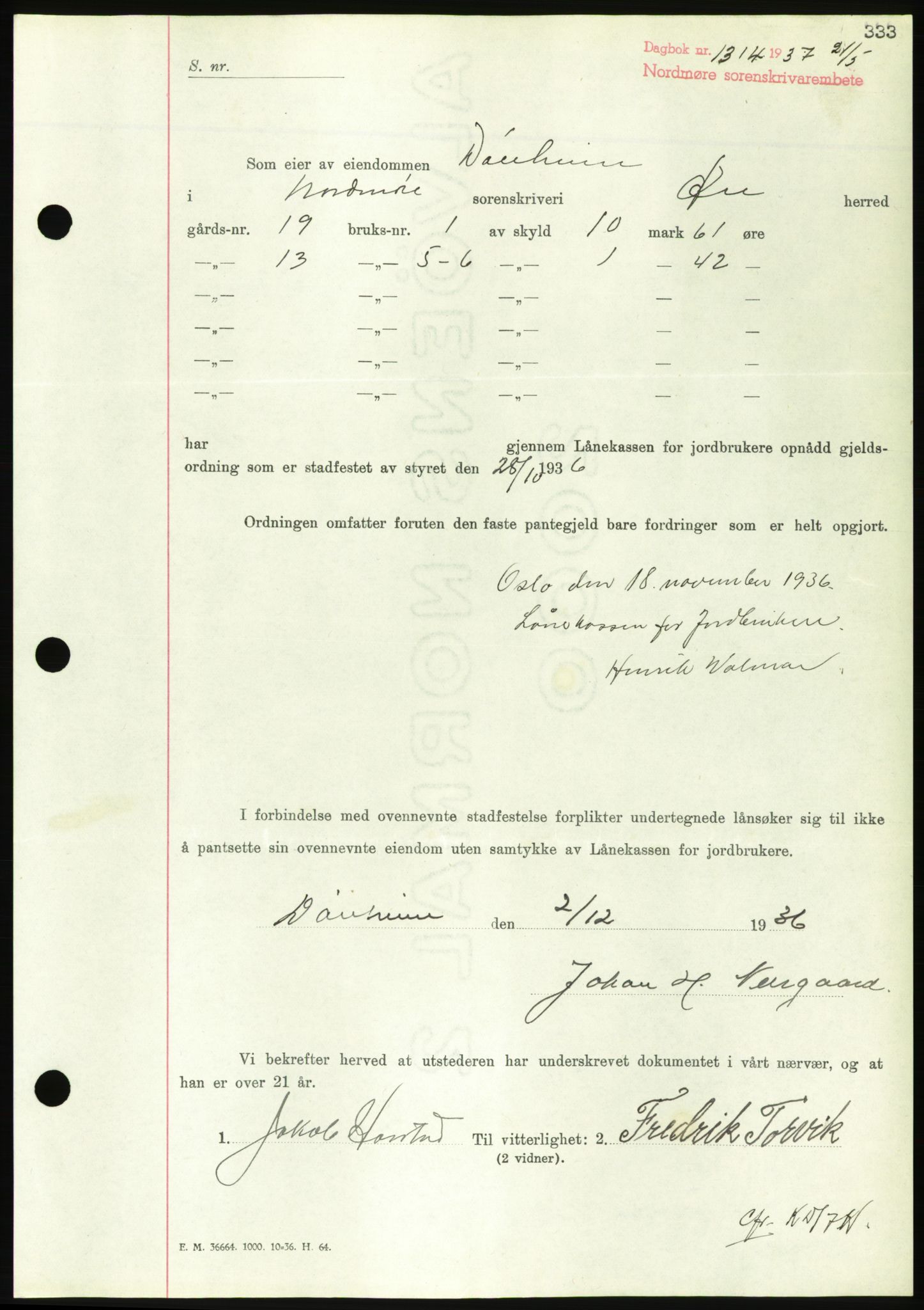 Nordmøre sorenskriveri, AV/SAT-A-4132/1/2/2Ca/L0091: Mortgage book no. B81, 1937-1937, Diary no: : 1314/1937