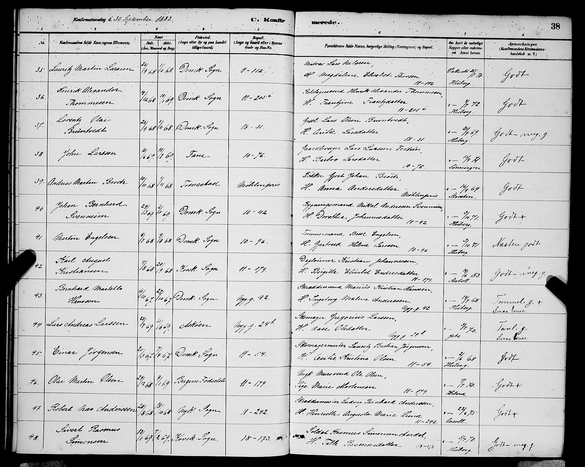 Domkirken sokneprestembete, SAB/A-74801/H/Hab/L0024: Parish register (copy) no. C 4, 1880-1899, p. 38
