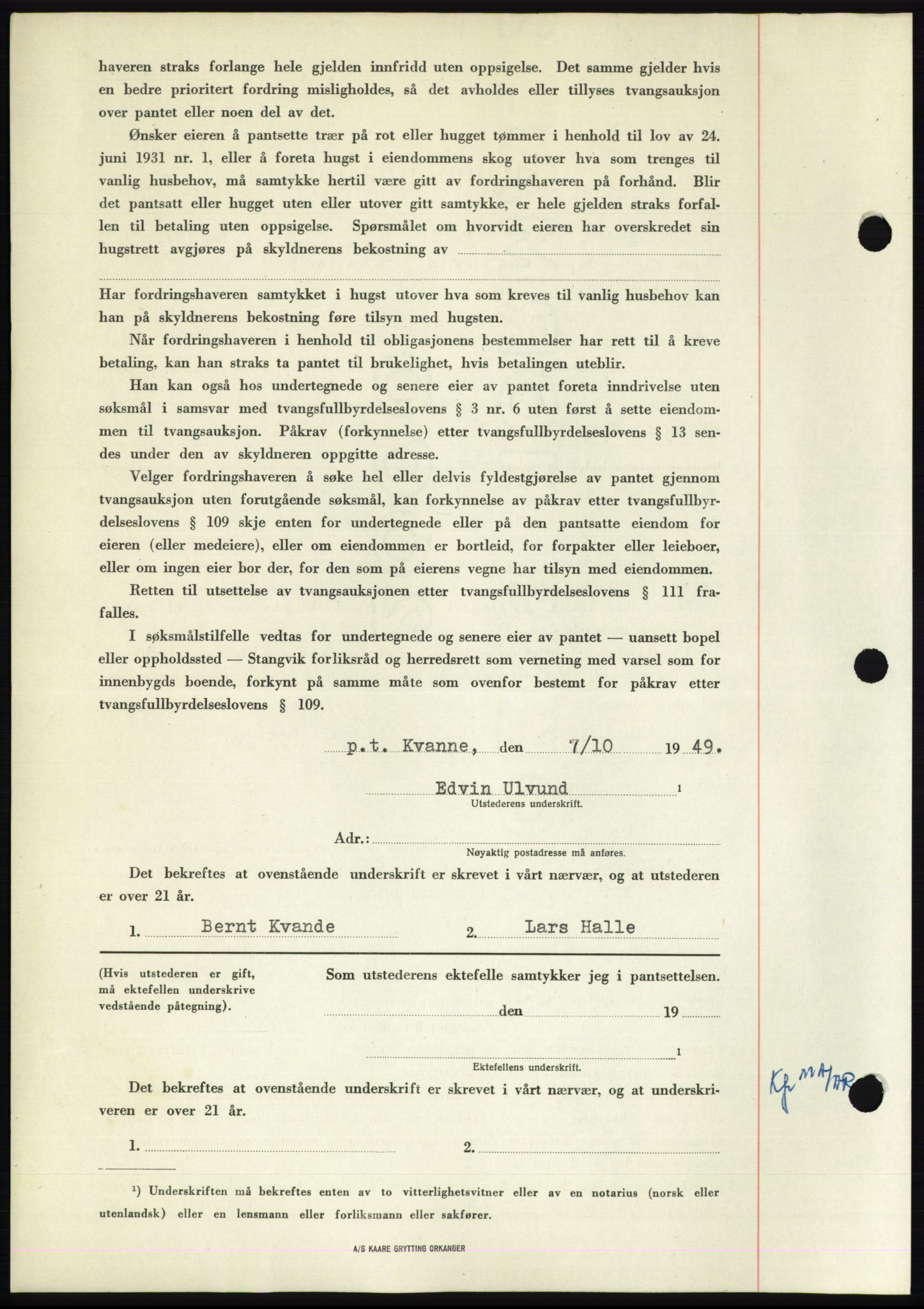 Nordmøre sorenskriveri, AV/SAT-A-4132/1/2/2Ca: Mortgage book no. B102, 1949-1949, Diary no: : 2801/1949