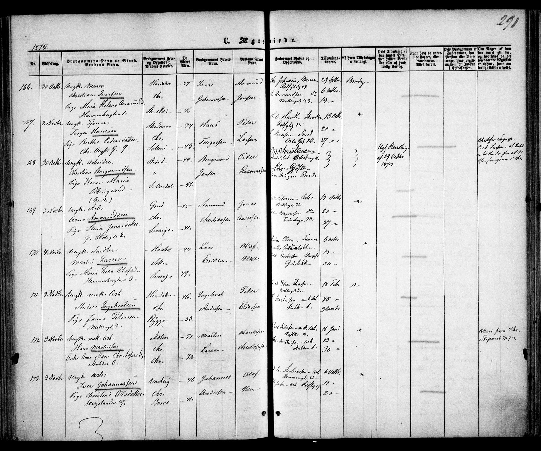 Trefoldighet prestekontor Kirkebøker, SAO/A-10882/F/Fc/L0001: Parish register (official) no. III 1, 1858-1874, p. 291