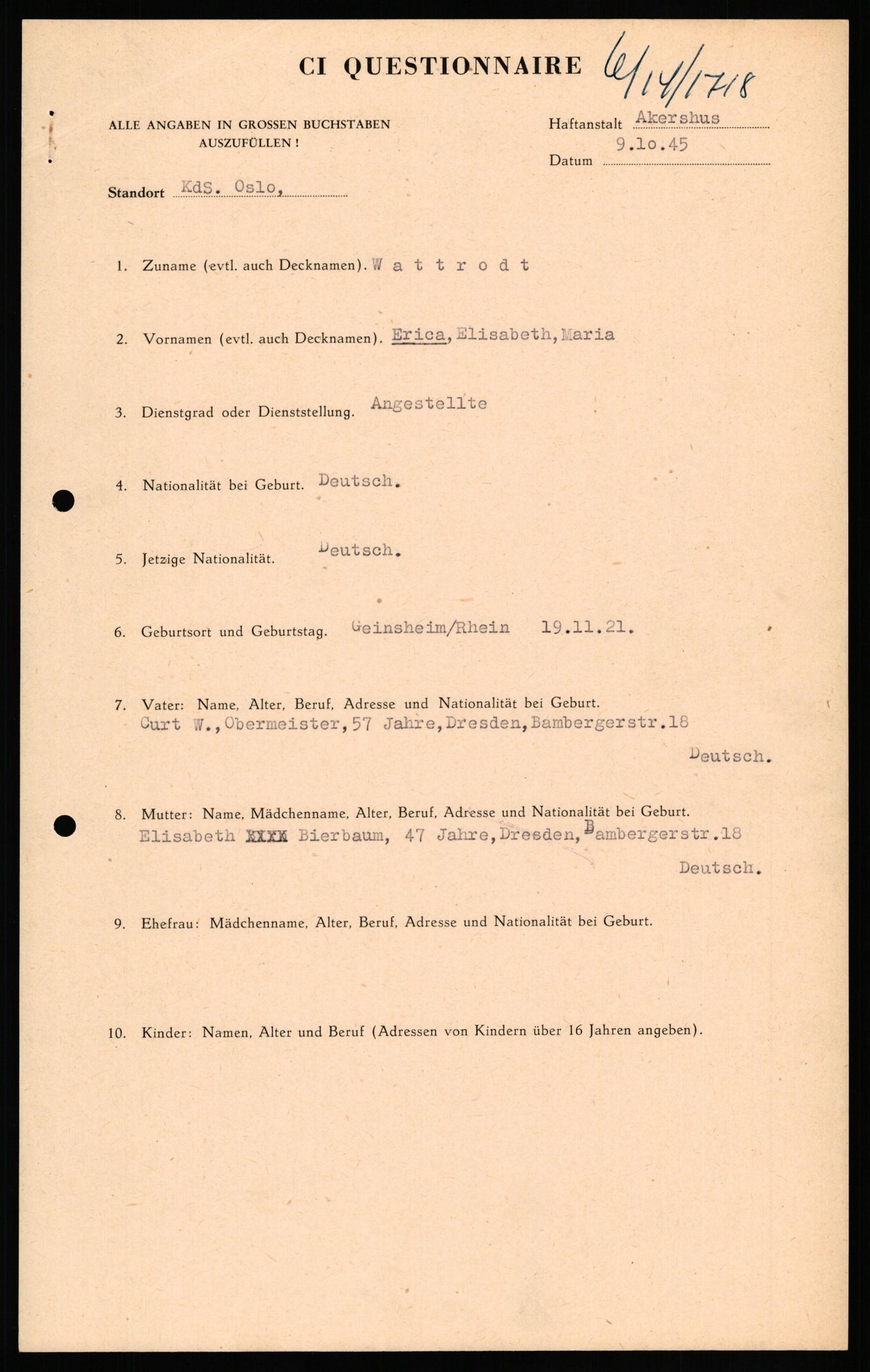 Forsvaret, Forsvarets overkommando II, AV/RA-RAFA-3915/D/Db/L0034: CI Questionaires. Tyske okkupasjonsstyrker i Norge. Tyskere., 1945-1946, p. 489