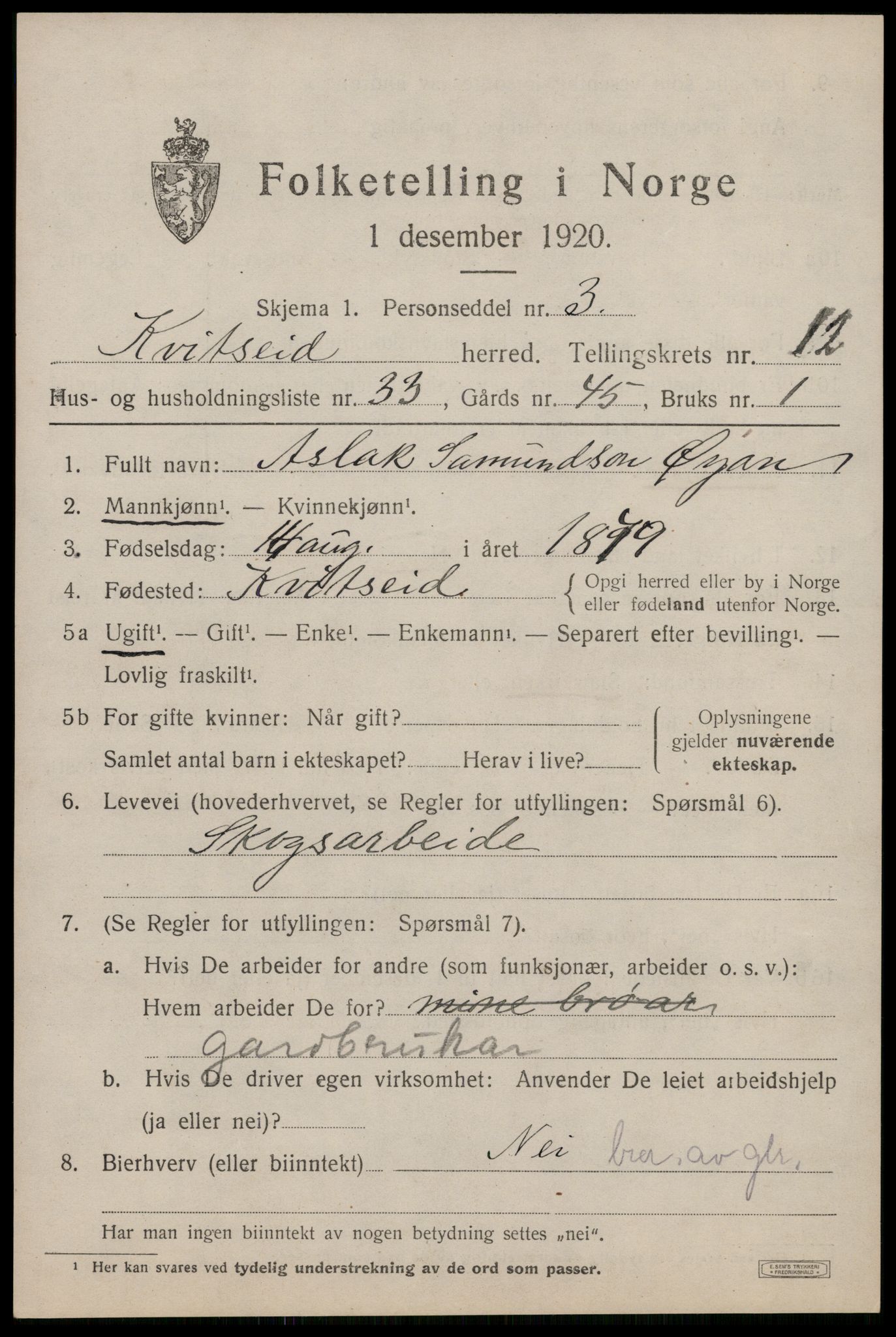 SAKO, 1920 census for Kviteseid, 1920, p. 6195