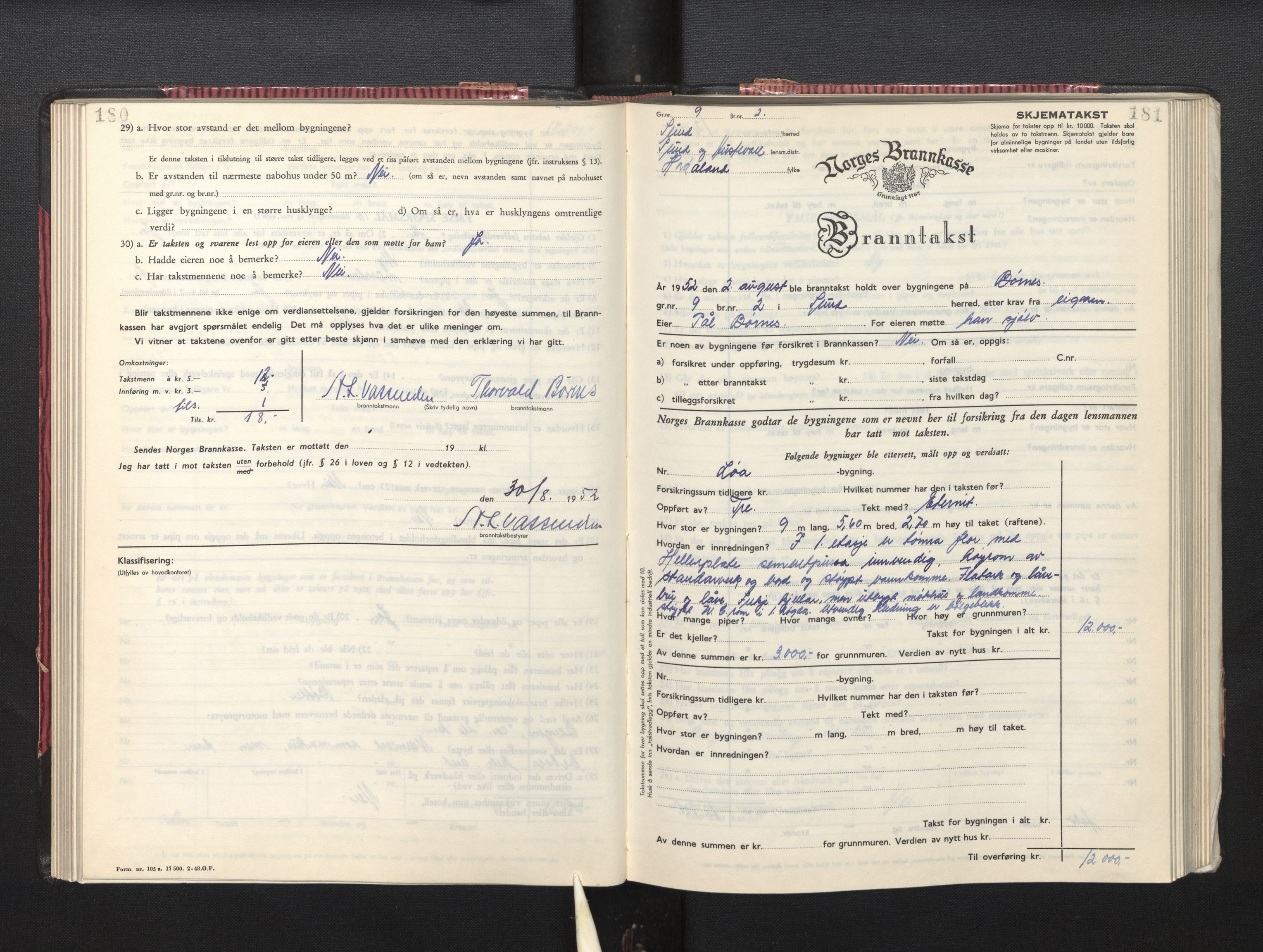 Lensmannen i Sund og Austevoll, AV/SAB-A-35201/0012/L0005: Branntakstprotokoll, skjematakst, 1949-1955, p. 180-181