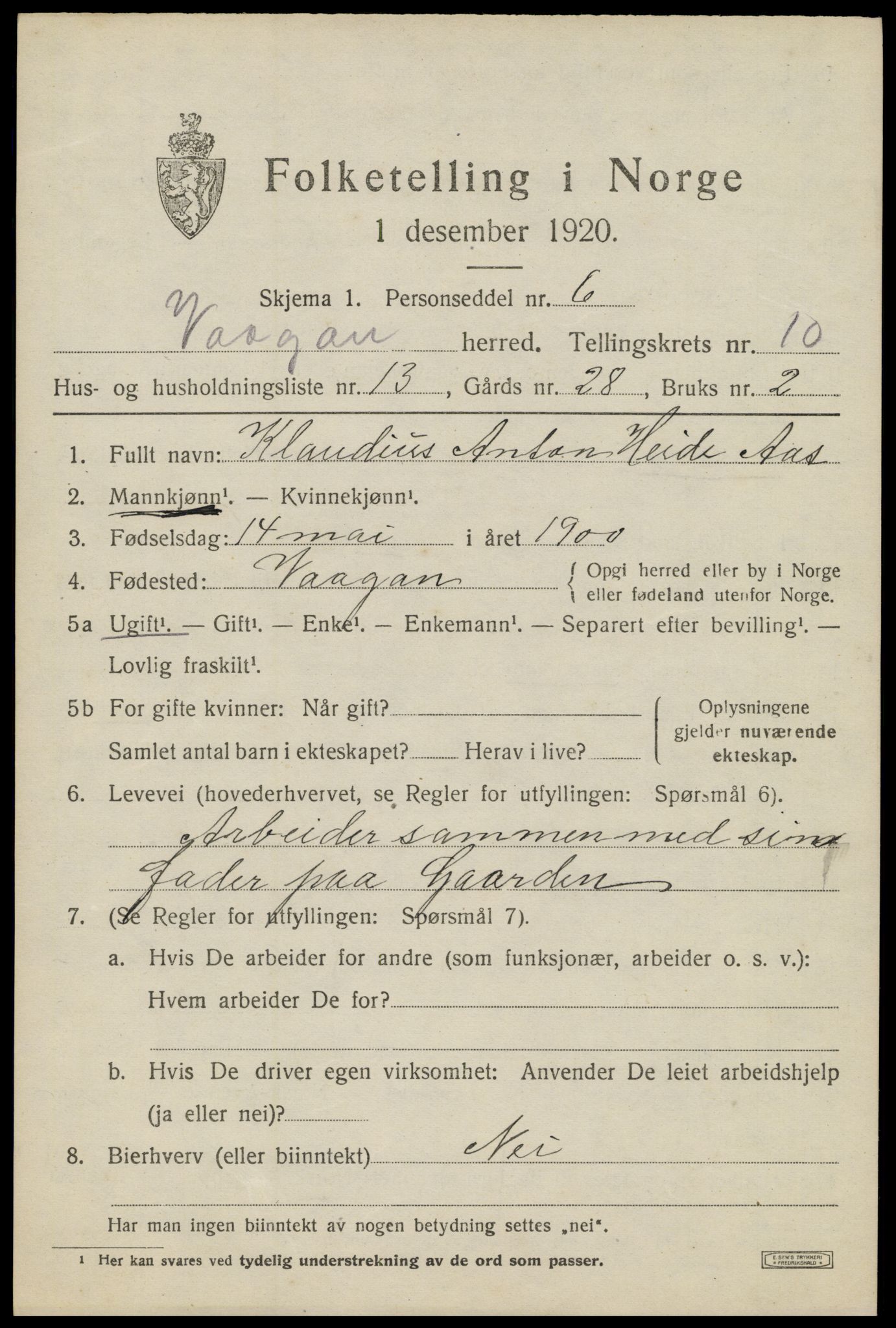 SAT, 1920 census for Vågan, 1920, p. 9019