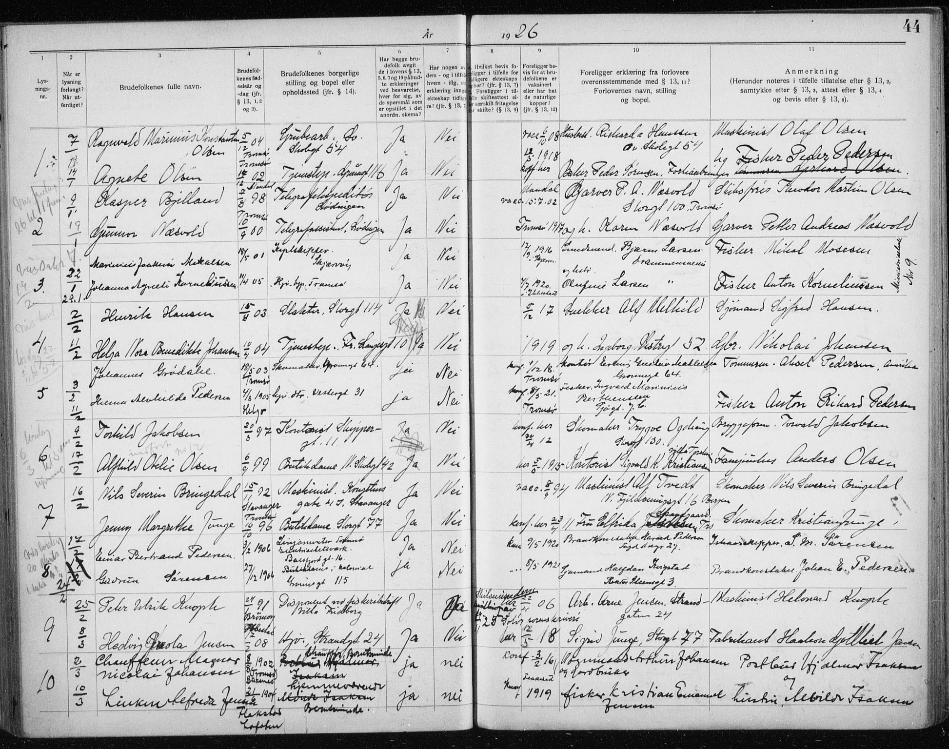 Tromsø sokneprestkontor/stiftsprosti/domprosti, AV/SATØ-S-1343/H/Hc/L0100: Banns register no. 100, 1919-1933, p. 44