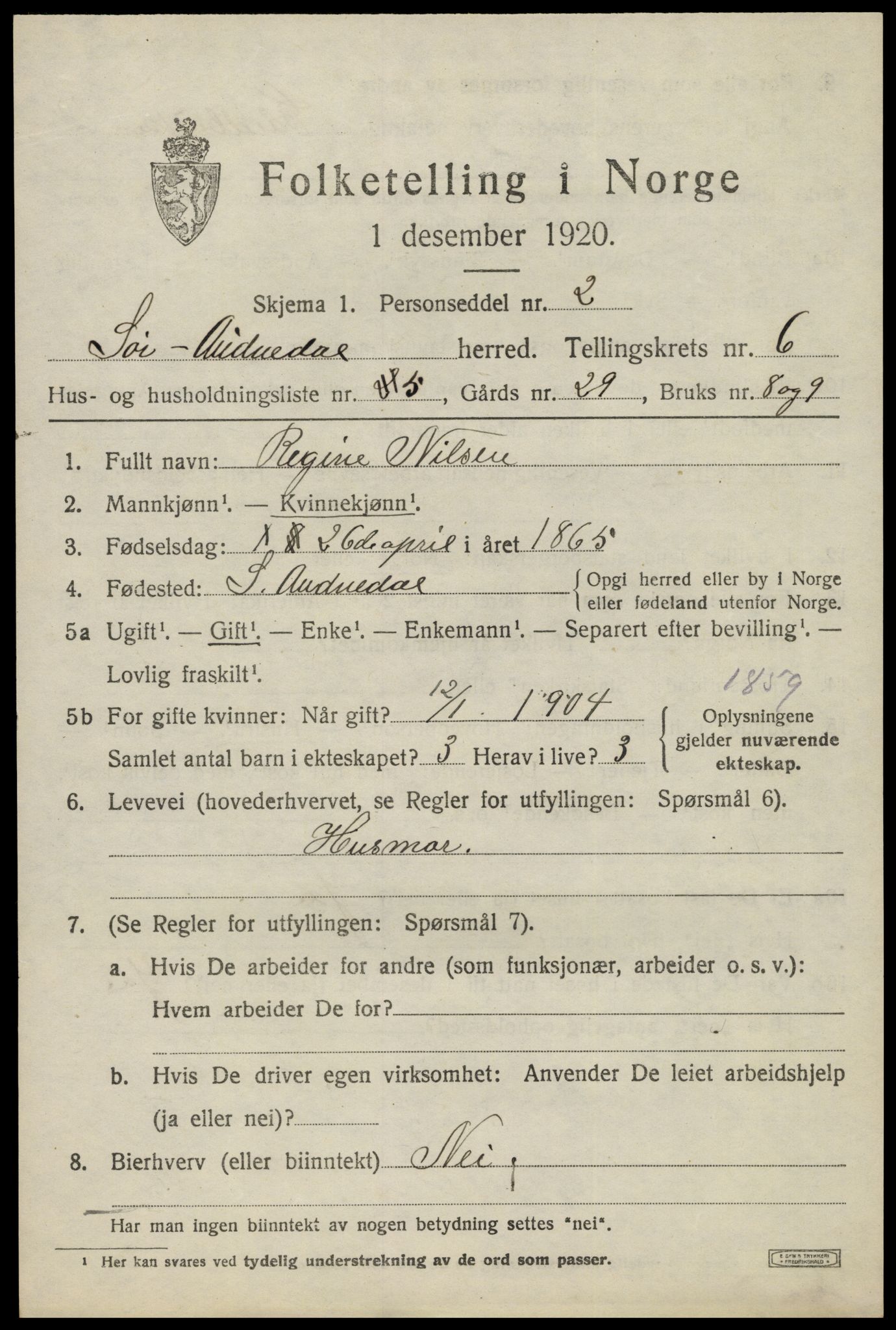SAK, 1920 census for Sør-Audnedal, 1920, p. 2735