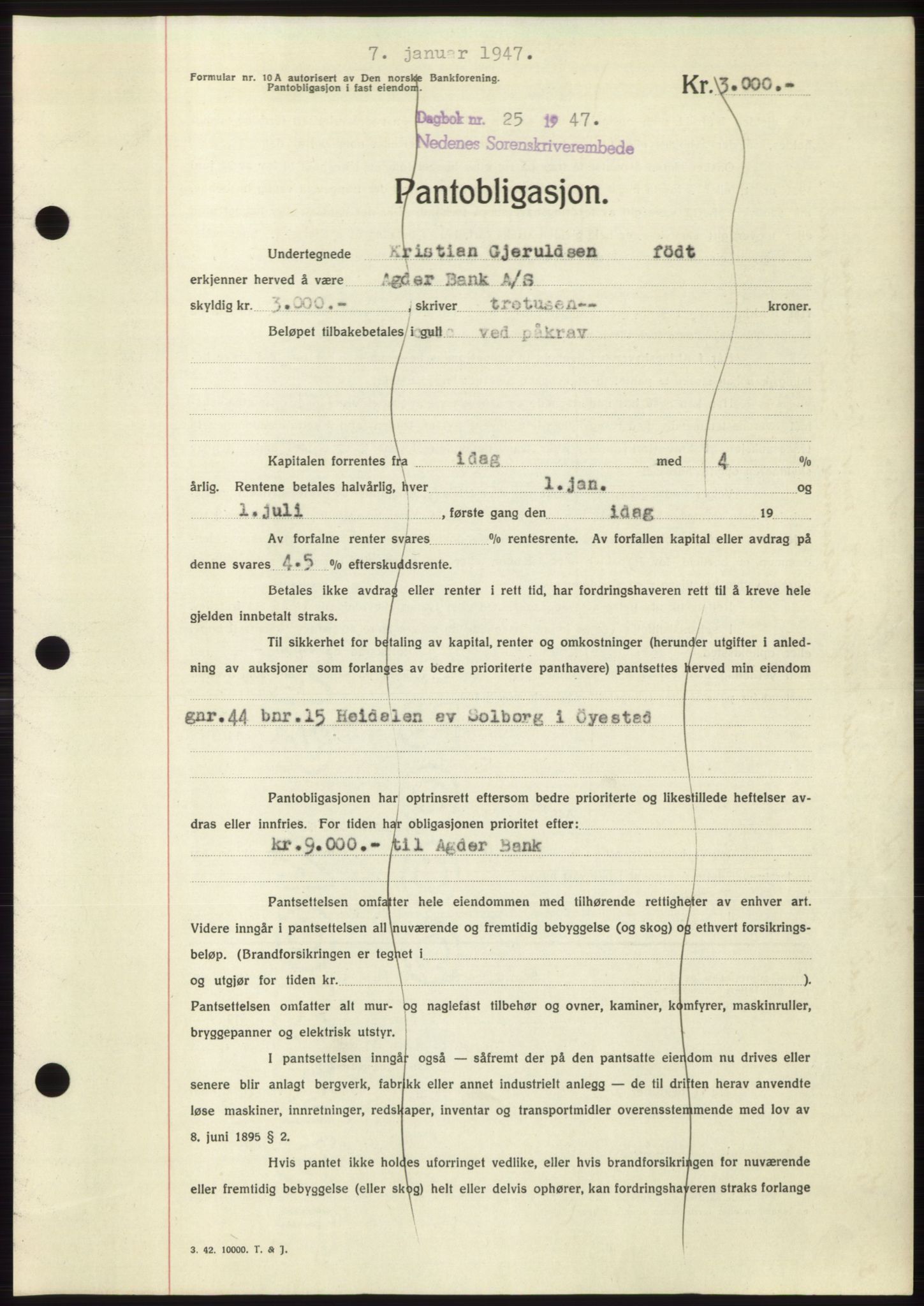 Nedenes sorenskriveri, AV/SAK-1221-0006/G/Gb/Gbb/L0004: Mortgage book no. B4, 1947-1947, Diary no: : 25/1947