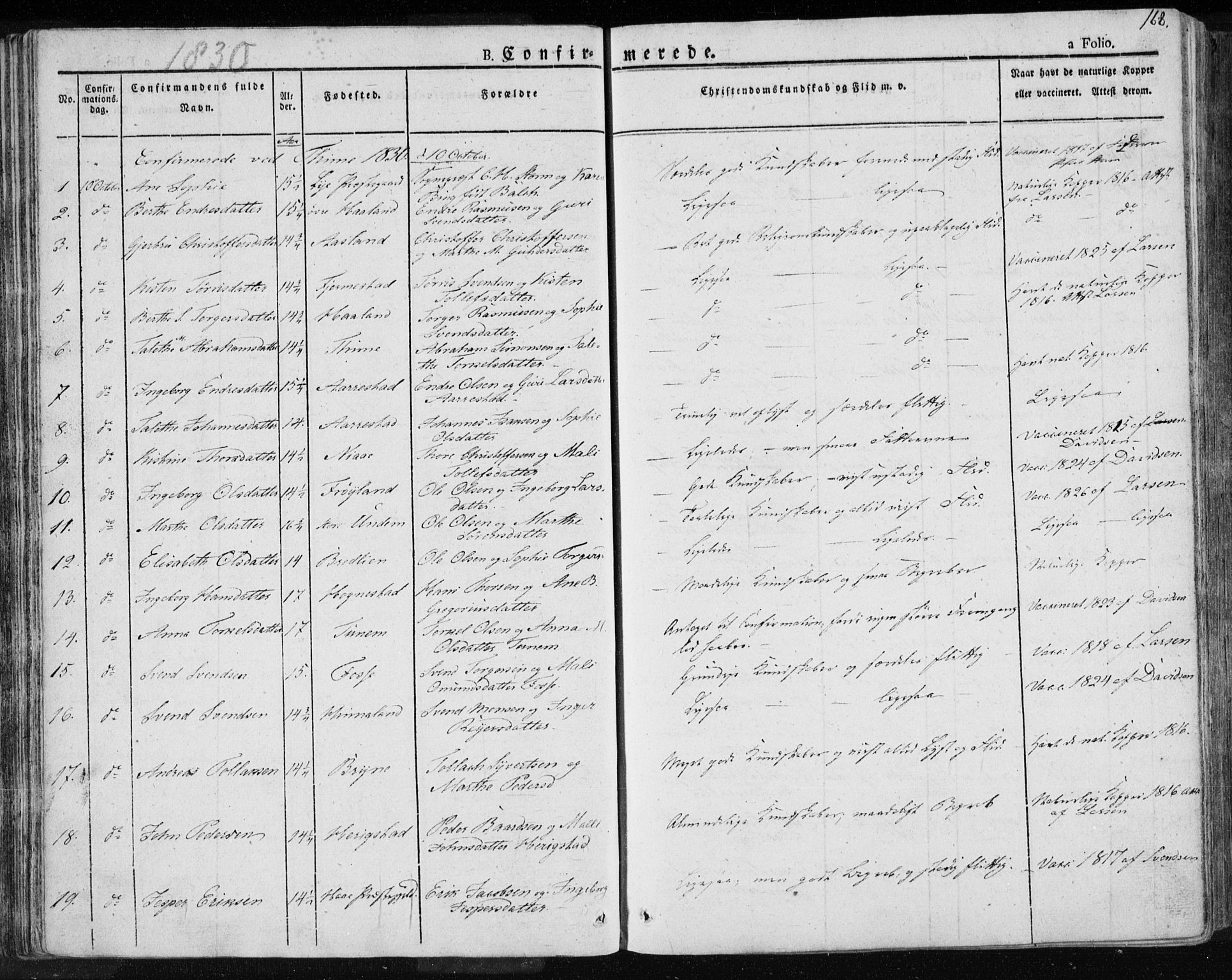 Lye sokneprestkontor, AV/SAST-A-101794/001/30BA/L0004: Parish register (official) no. A 4, 1826-1841, p. 168