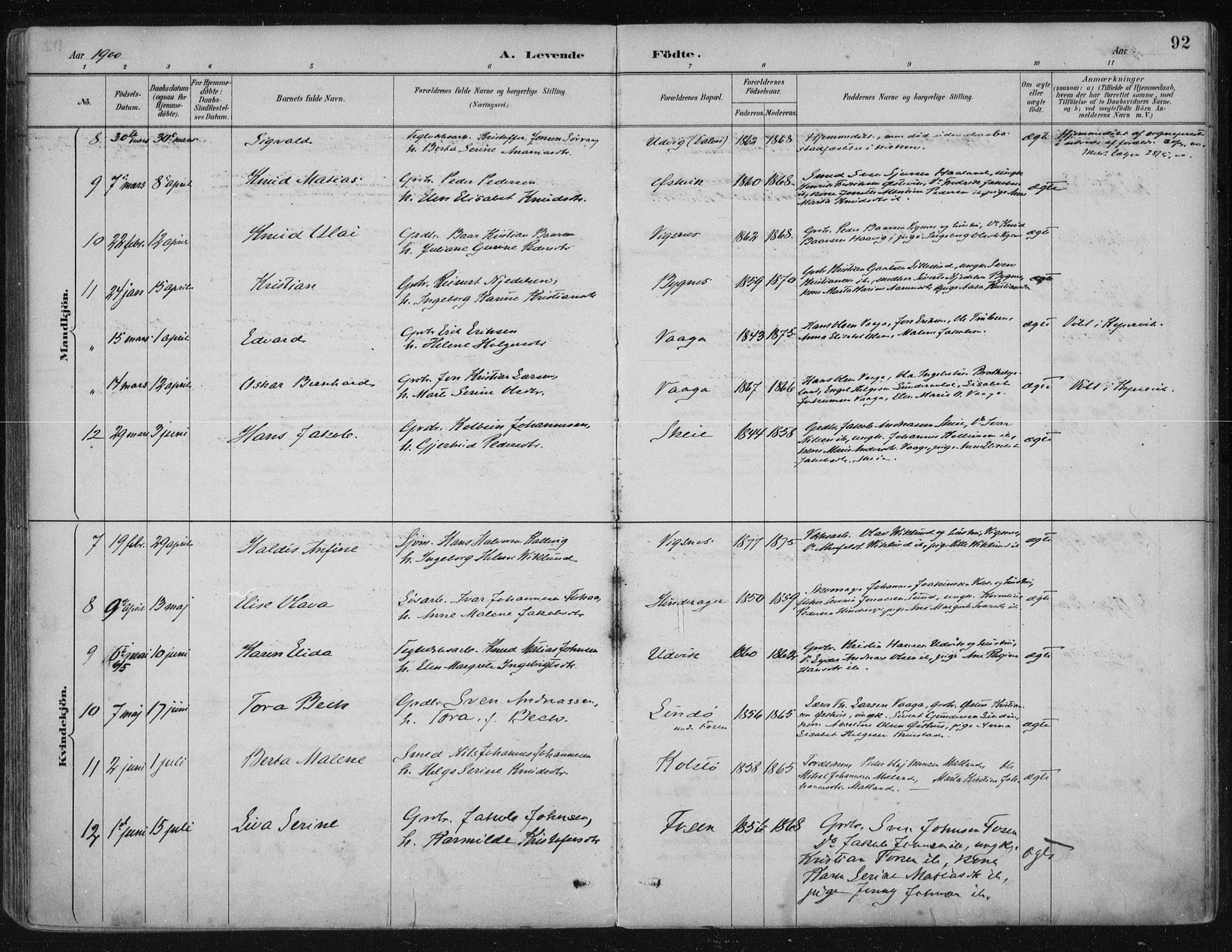 Avaldsnes sokneprestkontor, SAST/A -101851/H/Ha/Haa/L0017: Parish register (official) no. A 17, 1889-1920, p. 92