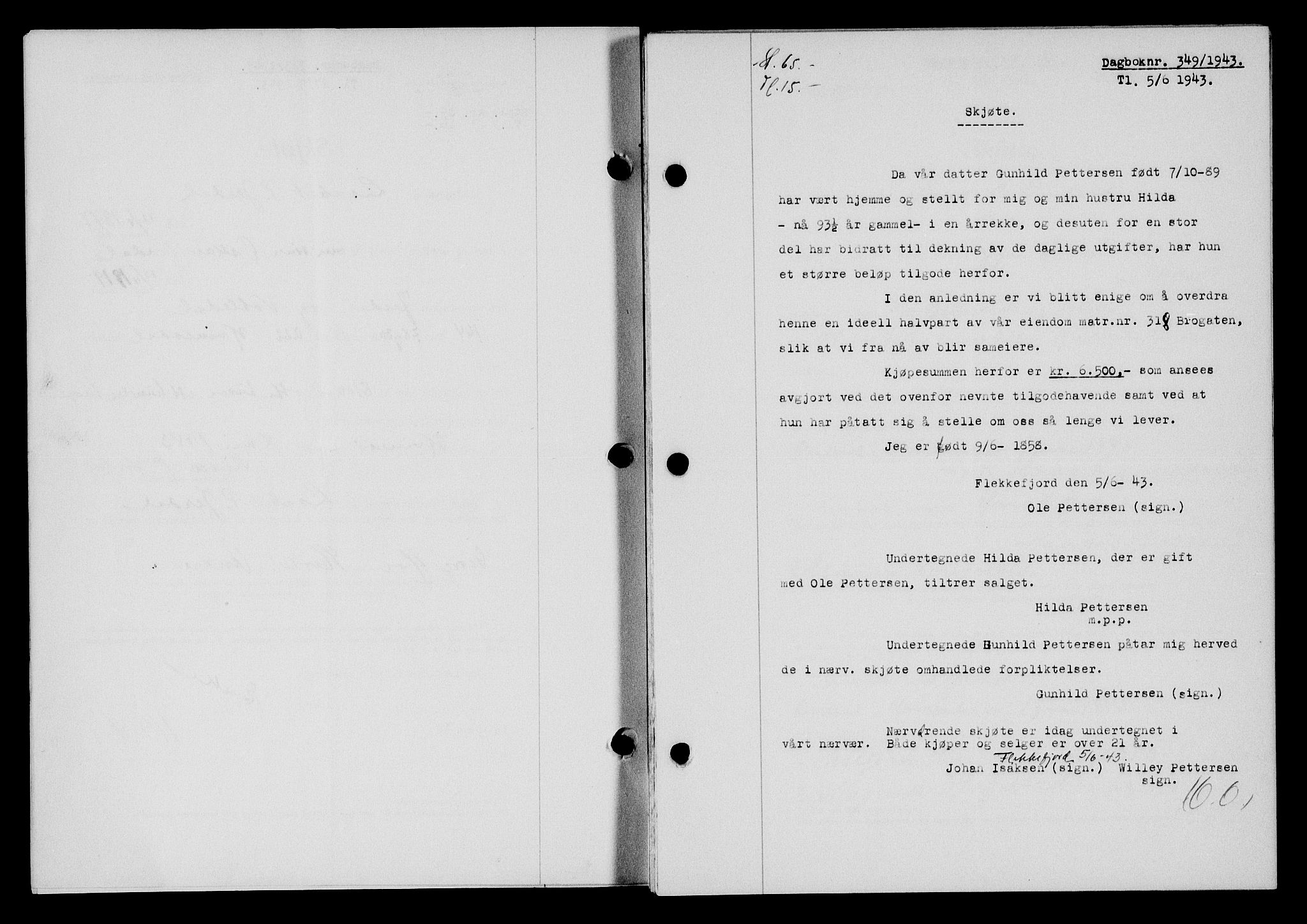 Flekkefjord sorenskriveri, SAK/1221-0001/G/Gb/Gba/L0058: Mortgage book no. A-6, 1942-1944, Diary no: : 349/1943